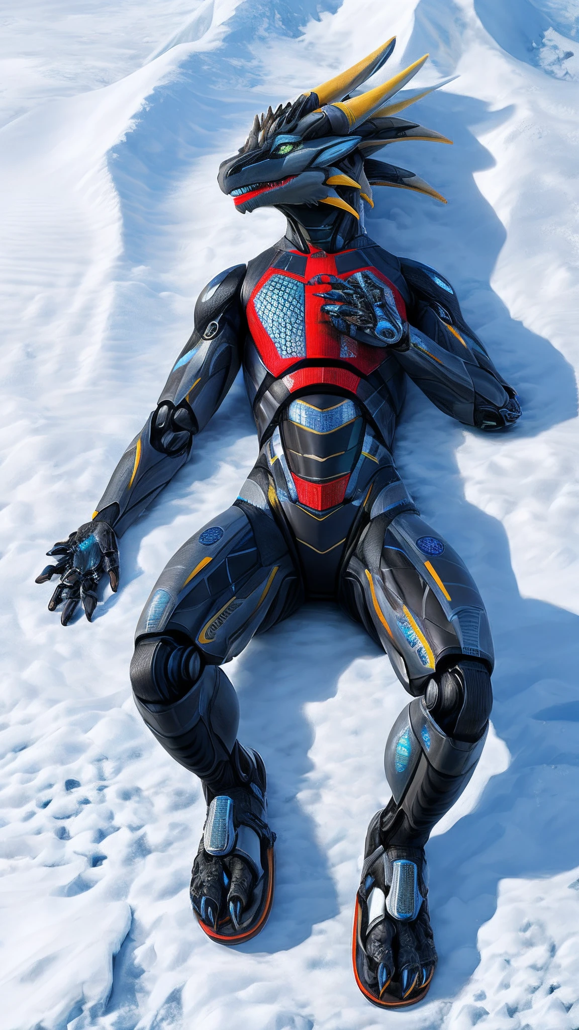 Bionic robot dragon,female,Android,Red Lingeri,sandals,Lying on the snow,HD graphics,Detailed and realistic,high detal,high qulity,photo-realistic,photorealistic eye,Detailed paws,Clear eyes,Masterpiece artwork,Five-fingered hands,top-quality,32k,hyper HD