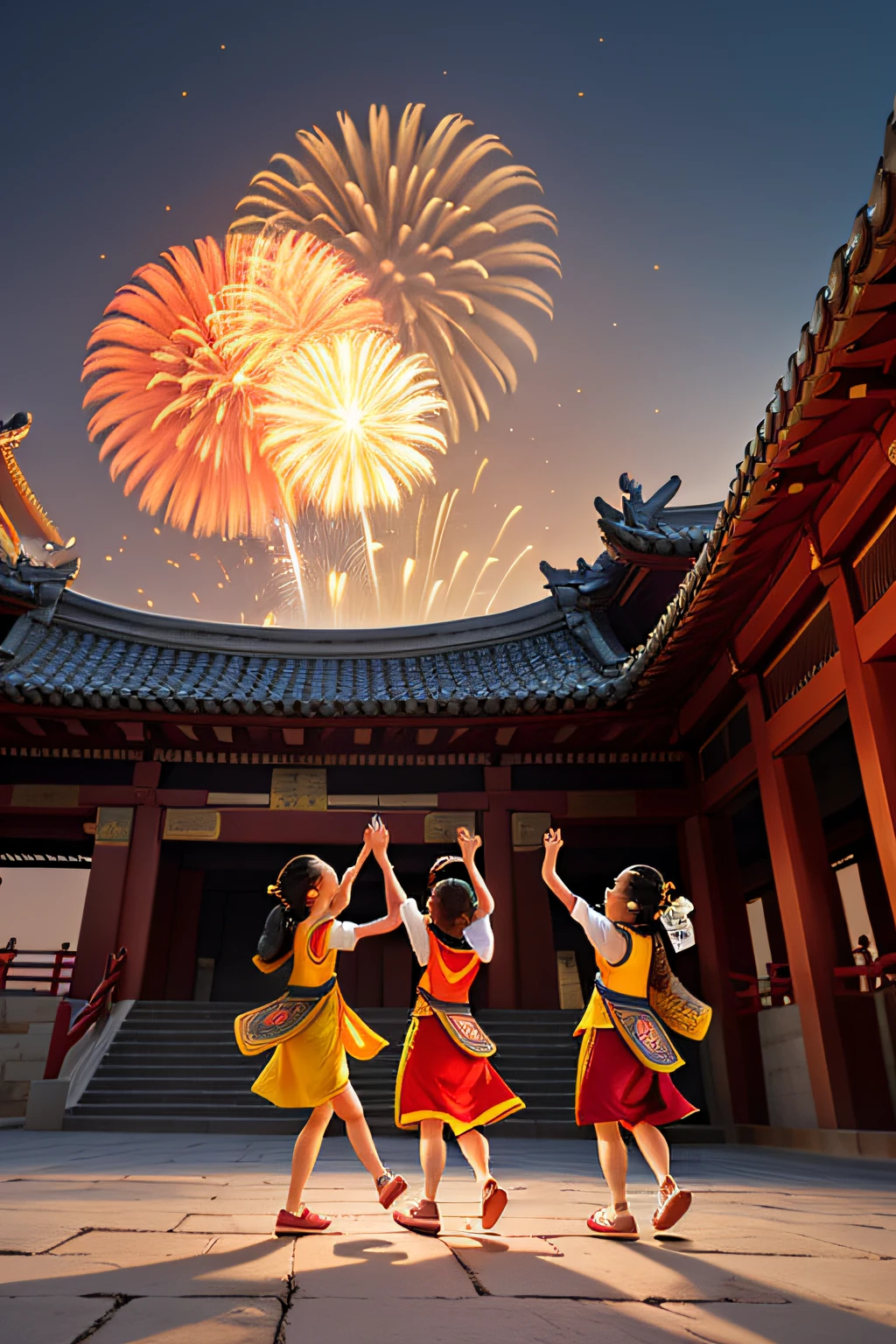 UE5,Traditional festivals,Tang dynasty architectural style,Magnificent building,Tall buildings,symmetrical architecture,at centre,firecrackers,Couplets,fire works,(blur backgroun),2 girls,is playing happily,Highlight the topic