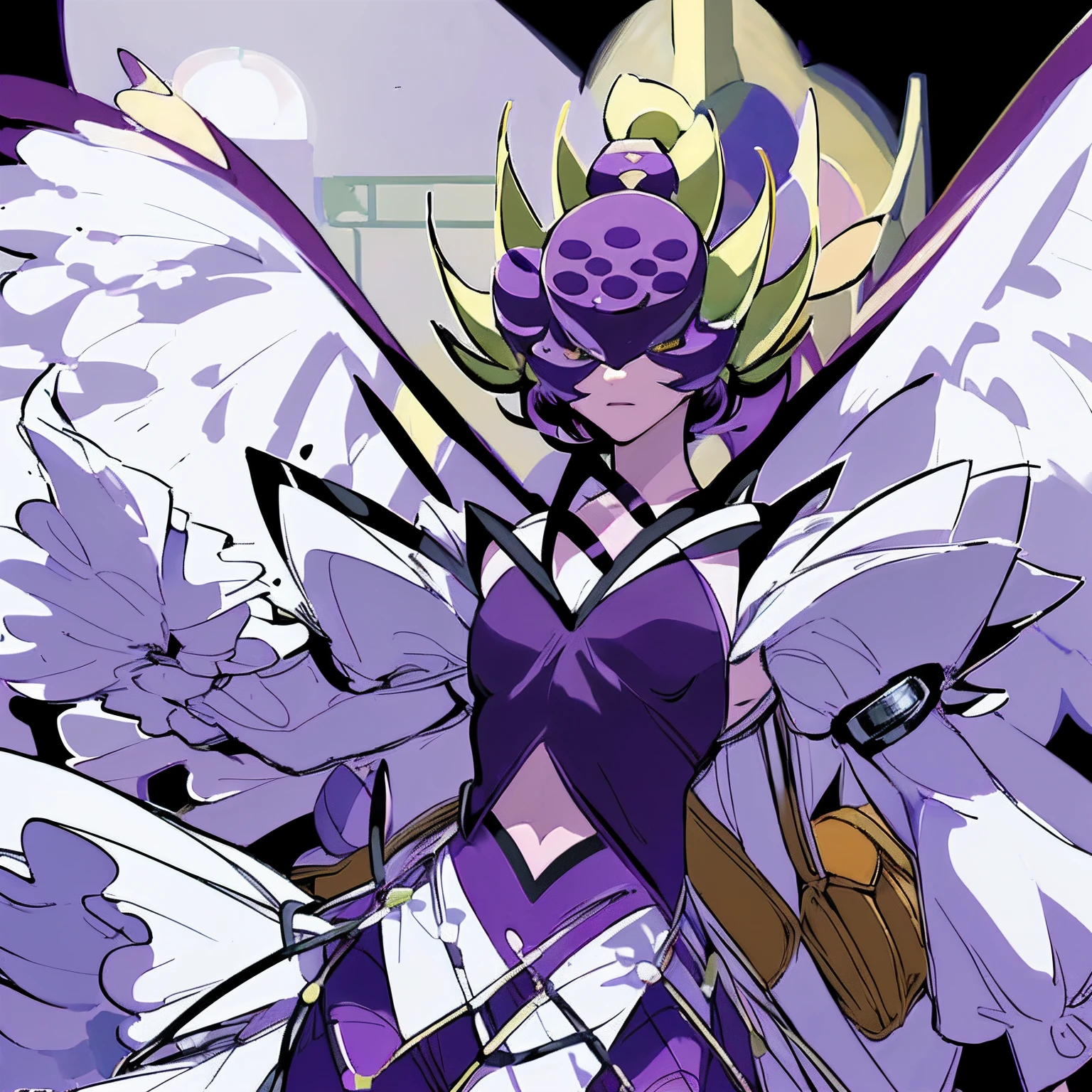 ((mature male, masterpiece, looking down, gods)),((masterpiece: 1.2)),ultra-detailed, ultra high res, high quality, 4K, solo, 1boy,extremely delicate and beautiful,illustration,masterpiece,(illustration),(highres),digimon,fishnets,purple helmet,standing, ((Lotusmon as a Man)),(anime),(( Long purple hair))
