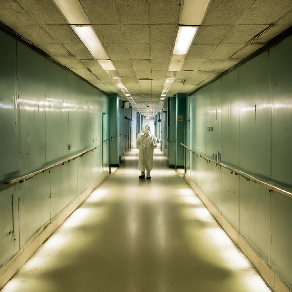 «» Chilling photorealistic image of a ghost apparition captured by a low-resolution hospital security camera in a dimly lit hallway. The scene is set in an old and creepy hospital, Lights flickering、Paint is peeling on the wall. The apparition appears as a translucent figure with a faint glow, Floating eerily on the floor. That anxious existence is、Leaves a sense of anxiety and mystery. Lighting should be low, The grainy quality of the camera adds to the suspenseful atmosphere. Shots should be close-ups, Capture unforgettable details of apparitions and spooky environments. Camera lens: Fisheye for a distorted and anxious perspective. resolution: Low resolution to enhance the sense of the unknown.»»