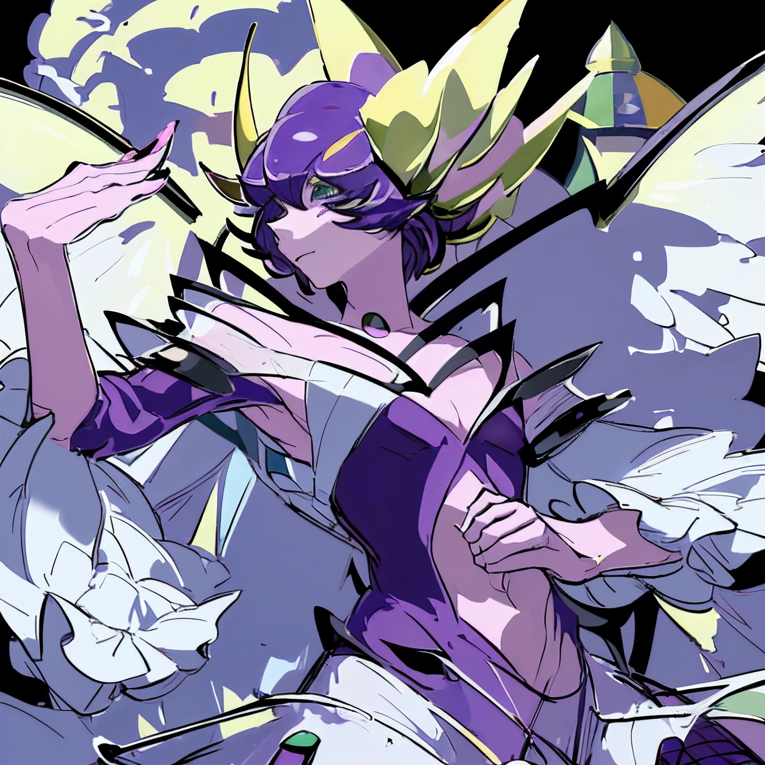 ((mature male, masterpiece, looking down, gods)),((masterpiece: 1.2)),ultra-detailed, ultra high res, high quality, 4K, solo, 1boy,extremely delicate and beautiful,illustration,masterpiece,(illustration),(highres),digimon,fishnets,purple helmet,standing, ((Lotusmon as a Man)),(anime),(( Long purple hair))