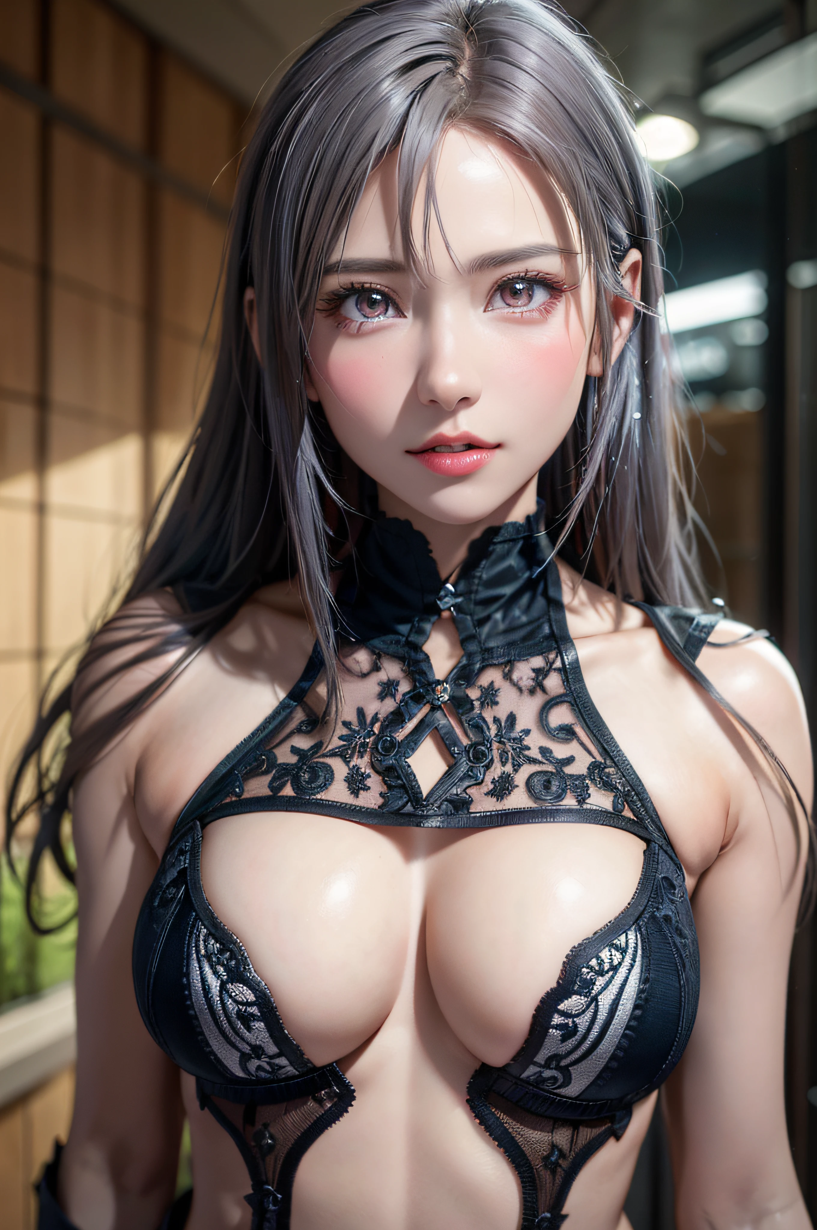 highest qualityr、Obra maestra 8k、超A high resolution、(Fotorrealista:1.3)、Foto RAW、1 girl in、cabello blanco plateado、piel resplandeciente、1 Cyberpunk Super Beautiful Soldier、((Super realistic details))、Portlate、global ilumination、sombra、Octane representation、8k、ultrasharp、pecho de belleza、Raw skin is exposed at the décolleté、metales、cool color、、Detalles muy intrincados、Luz realista、Tendencias de CGSoation、Hermosos ojos、ojos radiantes、in front of camera、neon details、