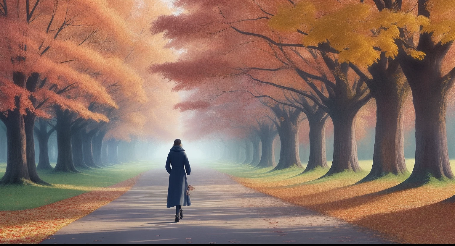 A serene scene unfolds as a person walks down a path flanked by magnificent autumn trees. Leaves painted in rich shades of red, orange, and gold gently fall from the branches, creating a mesmerizing dance in the air. This image beautifully captures the passage of time and the changing seasons, echoing the song's themes of transformation and growth. The person's contemplative expression mirrors the introspective mood of the moment. The path stretches ahead, symbolizing the journey of life, with each step representing a new chapter. The sky above is a canvas of soft blues and pinks, adding to the serene atmosphere. The image embodies a sense of nostalgia, reflection, and the beauty found in embracing change. The artwork is rendered in a stunning illustration style, employing delicate details and vibrant colors to convey the magic of autumn's embrace.