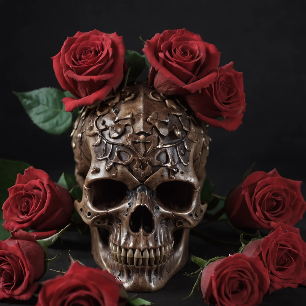 A skull with black candles running wax down its shadowy skull, with red roses and red carnations