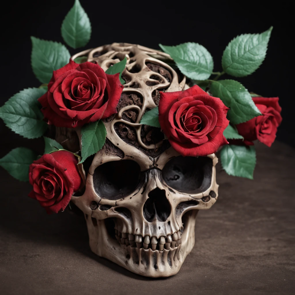 a skull with roses and leaves on its head, skull made of red roses, 8 k altamente detalhado ❤🔥 🔥 💀 🤖 🚀, 8k highly detailed ❤️🔥 🔥 💀 🤖 🚀, adorned with demon skulls, glowing red skull, with a crown of skulls, Cores Preto e Vermelho, death skull, gothic horror vibes, red skull, ((skull))
