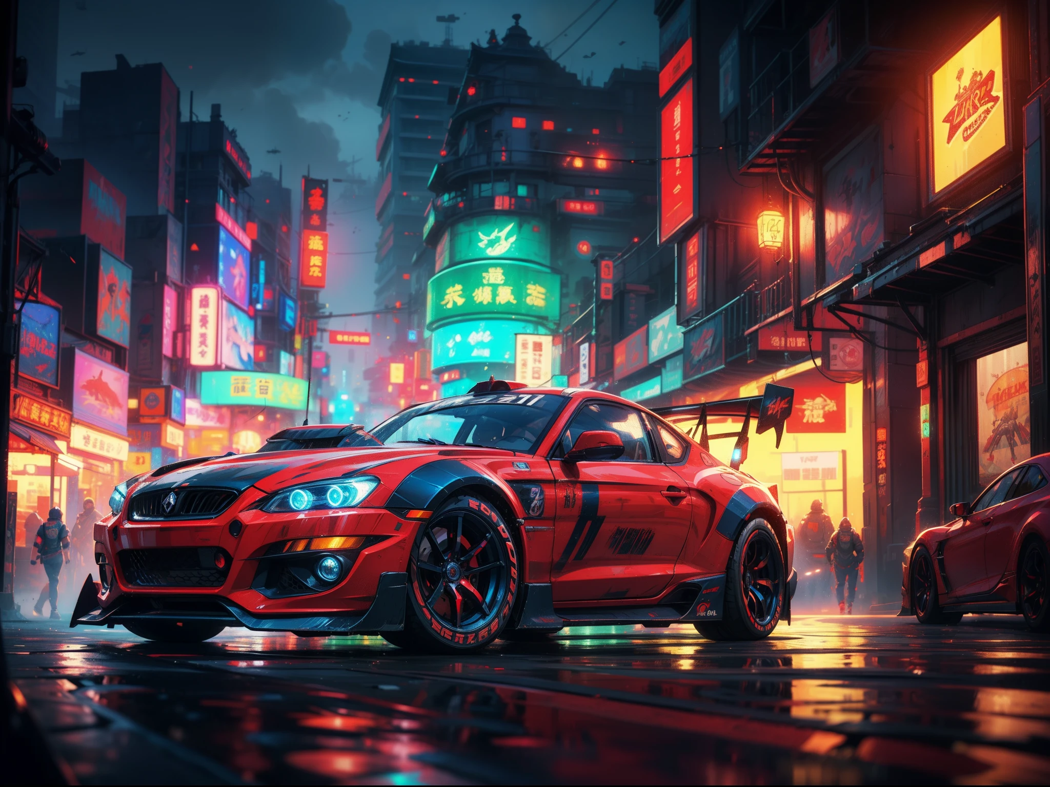 Best quality, masterpiece, ultra high res, Capture the adrenaline-fueled excitement of a sleek, high-performance racing car dripping, red, blue, fires, neon light, dust, full car show, from side, cyberpunk racing car, tokyo cyberpunk night,Detailed,Realistic,4k highly detailed digital art,octane render, bioluminescent, BREAK 8K resolution concept art, realism,by Mappa studios,masterpiece,best quality,official art,illustration,ligne claire,(cool_color),perfect composition,absurdres, fantasy,focused,rule of thirds,