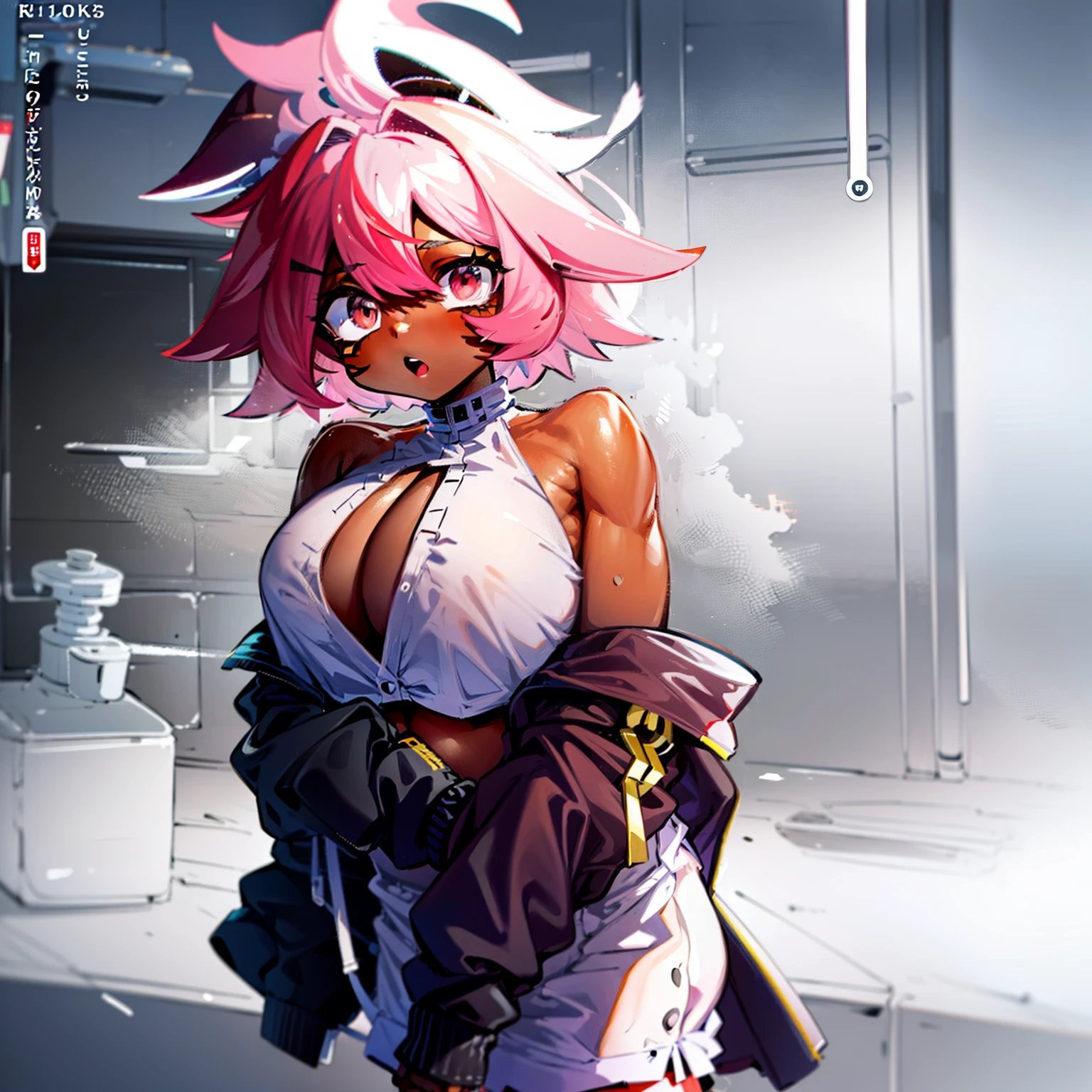 18 year old man, Muscular adult male, White jacket, ((pink Crop top)) , Tight White Shorts,((Dark Skin:1.5)) hold the breast, Huge breasts, disproportionate-breasted, Long white hair with Pink streaks, Red eyes, in a bedroom, vivid colors and solid colors