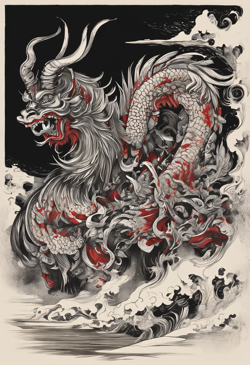 ((masterpiece)),best quality, ((illustration)),original, extremely detailed wallpaper,(((beijing opera))), (sketch),((wash painting)),((ink splashing)),((((dyeing)))),((Chinese painting)),((beijing opera))), (sketch),(wash painting),(ink splashing),dyeing,((Chinese painting)), ((a mythical ferocious animal)),{{The bull}},{{ long horns}},{{With wings on its back}},(Red and black wings),(solo),mountain,Big and strong,Diabolical,Tyrannical