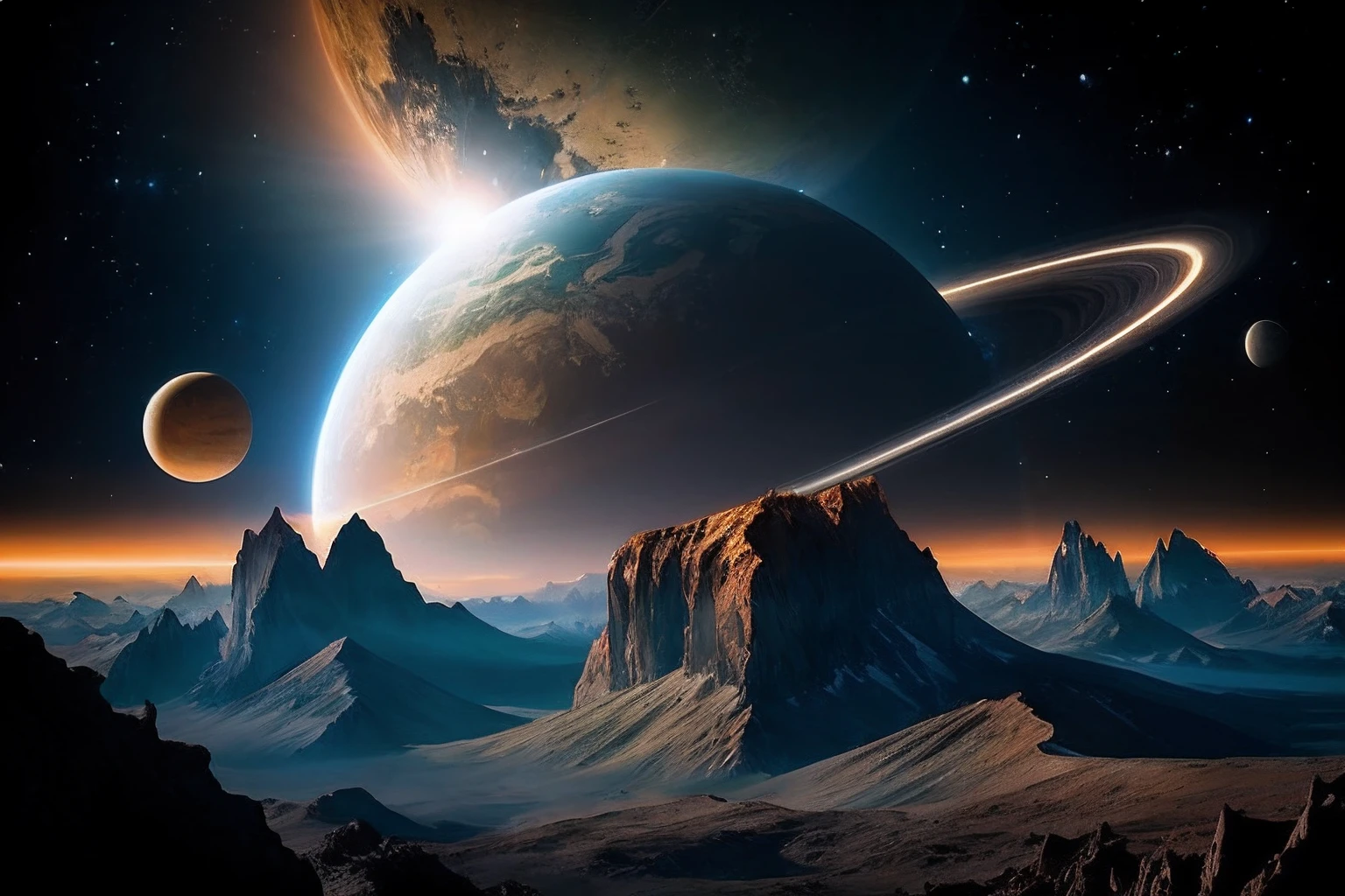 A breathtaking view of Earth with a majestic ring and the radiant Sun in the mesmerizing background, showcasing an otherworldly alien planet landscape suspended in the infinite expanse of space, casting its ethereal glow over the mystical horizon.