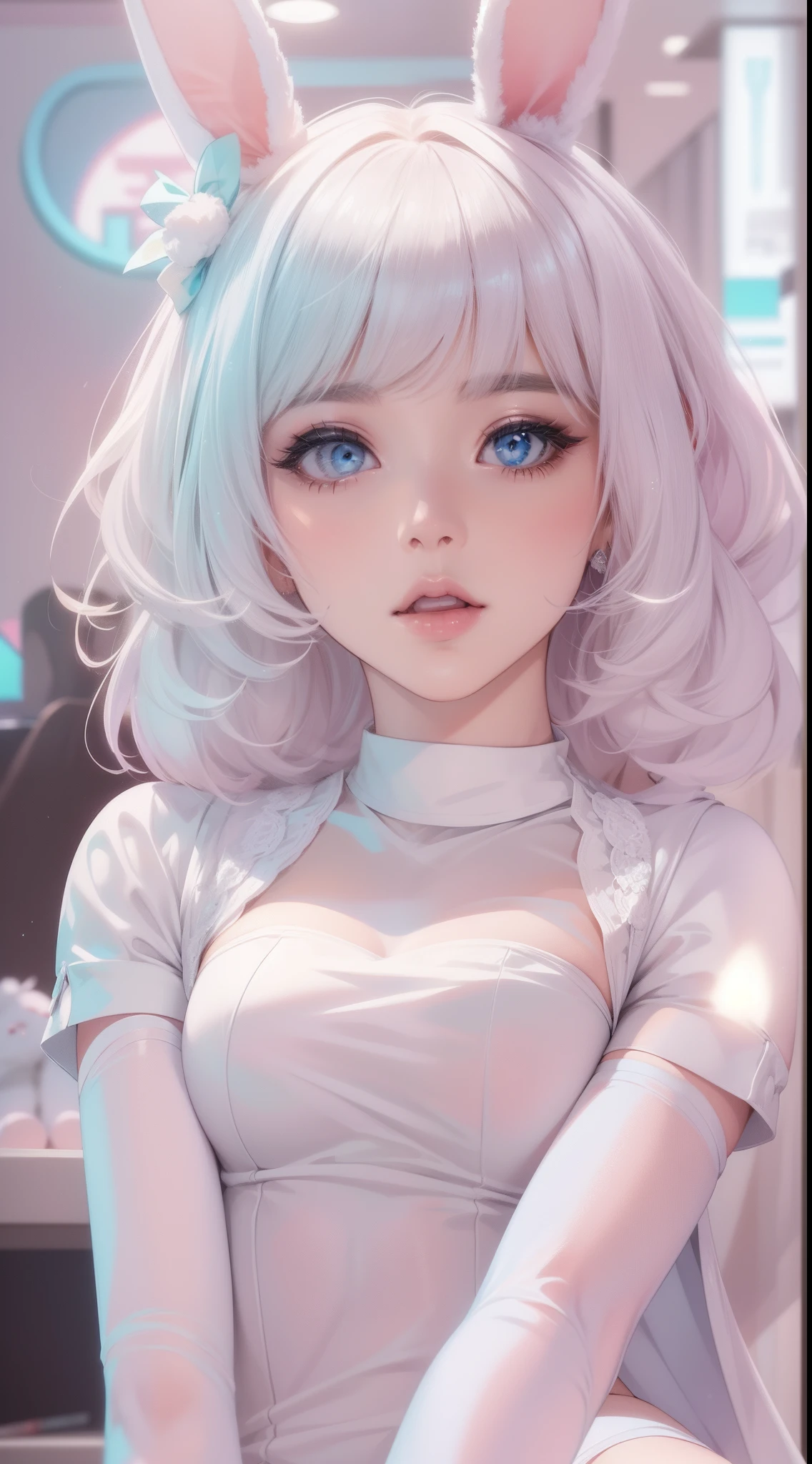 （tmasterpiece，top Quority，best qualtiy，offcial art，Beauty and aesthetics：1.2），beuaty girl，Gradient hair color，Dress as a bunny，White panty hose，light stre