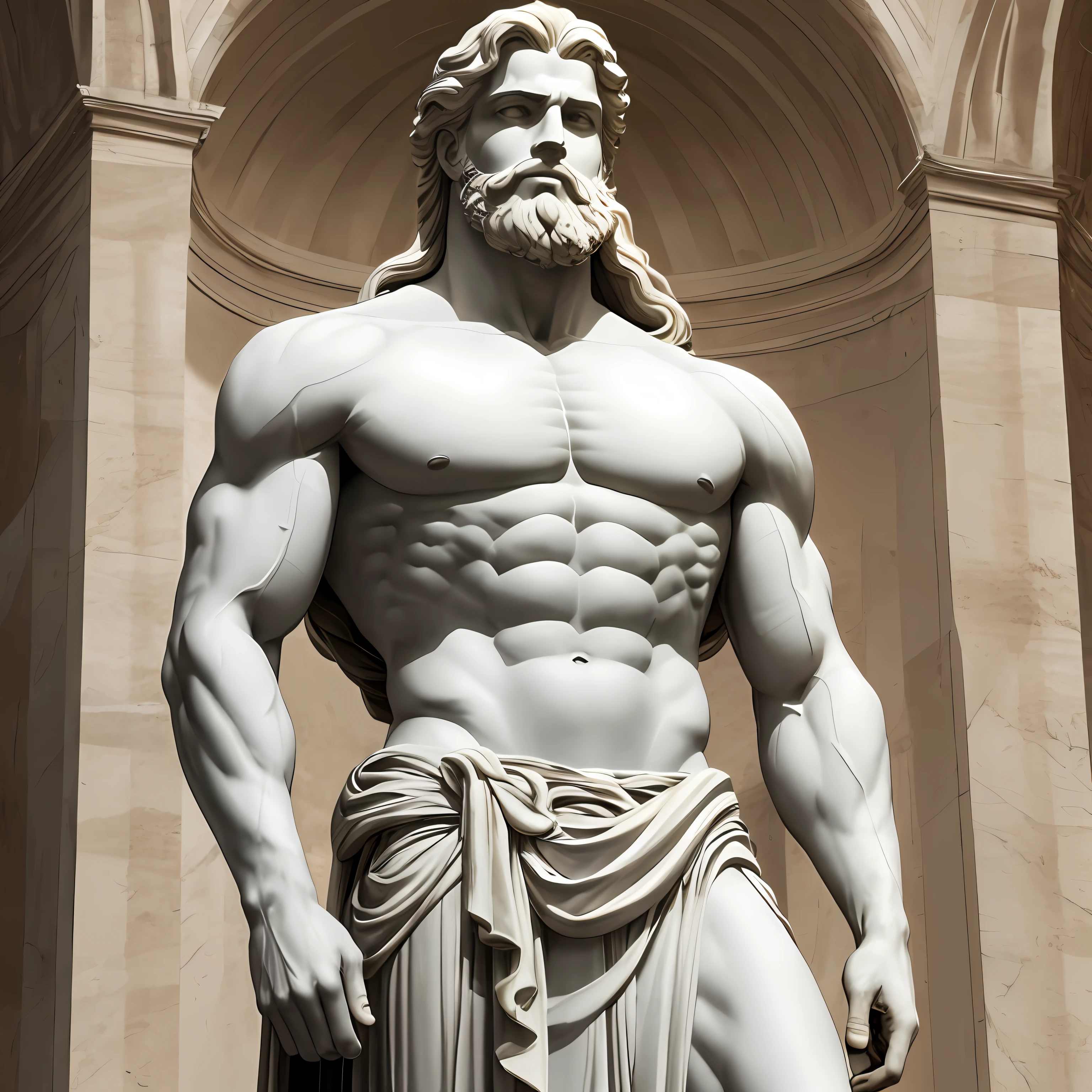 retrato pintado de Zeus robusto em marmore, God of Thunder in Marble, olhando para o horizonte, imponente, Standing looking at the hhorizon, pose lateral, standingn, corpo inteiro escultura grega antiga,estatua antiga, deus grego, no Monte Olimpo, cabelo branco, corpo inteiro, maduro, bonito, fantasia, intrincado, elegante, altamente detalhado, pintura digital, Artistic Station, arte conceitual, suave, foco nítido, illustration --auto