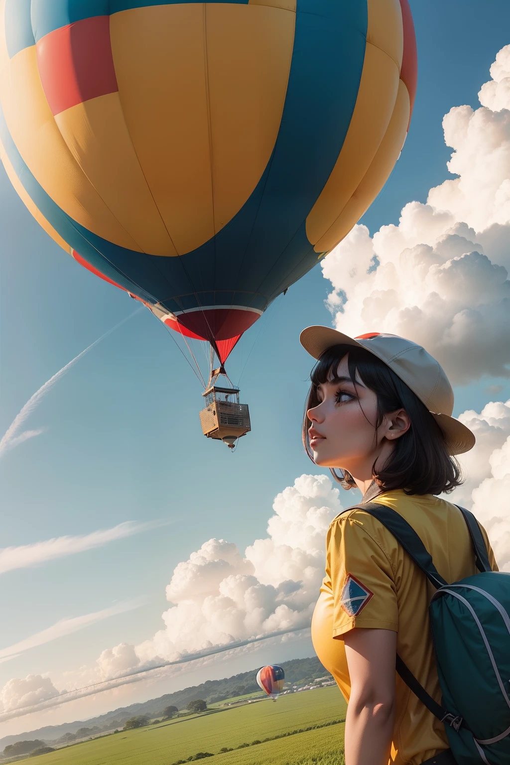 1lady solo, (from below:1.1), standing, (peeking out from basket) (looking at viewers), stylish outfit (summer sundress) hat (refreshing attire), (mature female:0.6), /(brown hair/) bangs, light smile, (masterpiece best quality:1.2) delicate illustration ultra-detailed, large breasts BREAK (hot air ballon soaring high into the sky) (balloon with vibrant designs) BREAK (hot air balloon) outdoors, vast blue sky, soft lighting, detailed background