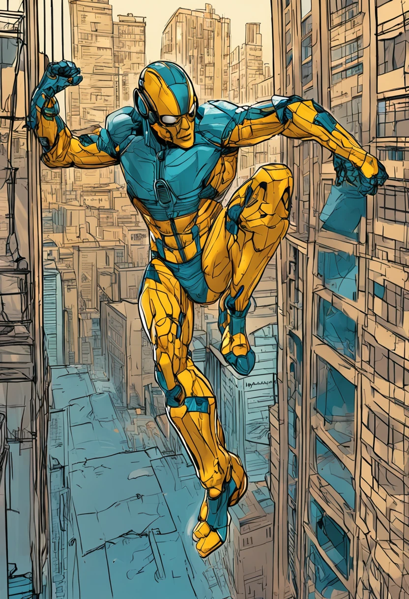 homem ciborgue de 1,80 tall jumping from a building , cabelos pretos cumprido , strong cybernetic arms and a gleaming yellow bionic eye, jeans and blue blouse