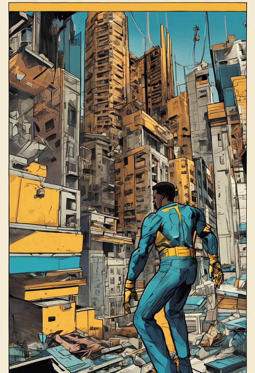 homem ciborgue de 1,80 tall jumping from a building , cabelos pretos cumprido , strong cybernetic arms and a gleaming yellow bionic eye, jeans and blue blouse