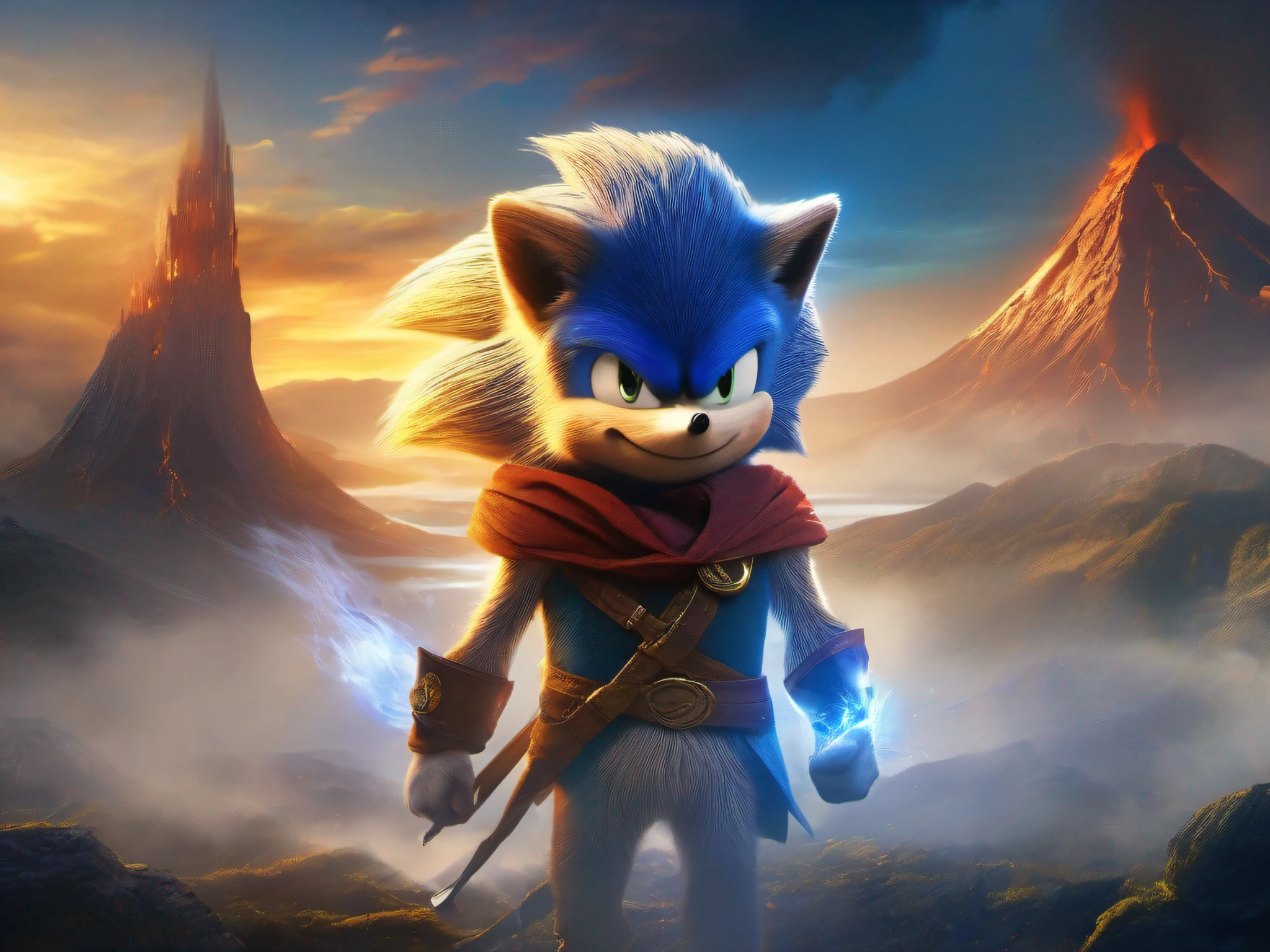 Sonic the hedgehog with his bright blue fur, The Lord of the Rings ring on his wrist, walk to the erupting volcano of Middle-earth, le Seigneur des Anneaux, A ring for all the governed and in the dark bind them together, le Seigneur des anneaux, LOTR, lush vegetation and an ethereal mist at the foot of the volcano. Capture dans le style de Michael Schulte, avec des couleurs chaotiques, Details and a dark atmosphere. anime, panorama, 8k