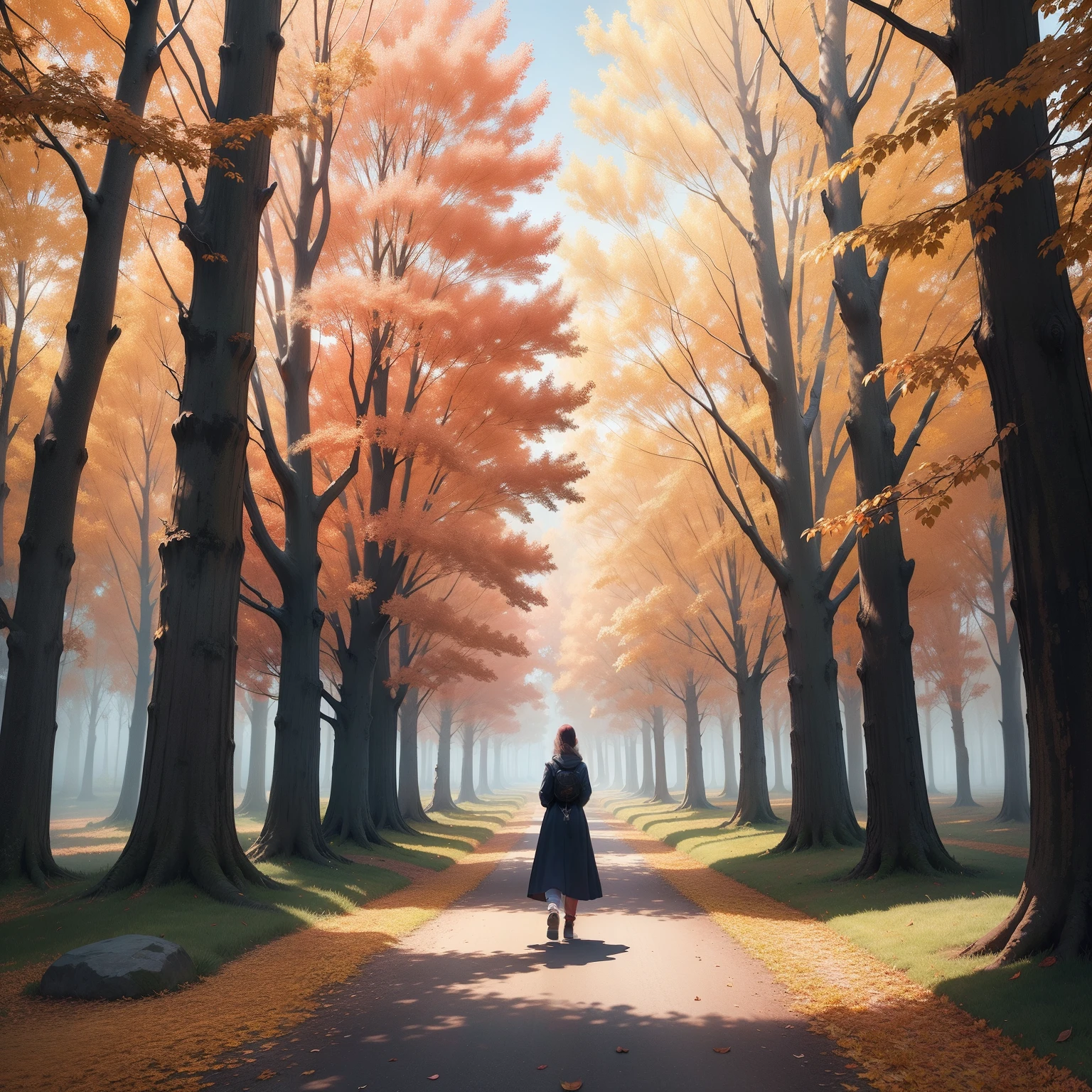A serene scene unfolds as a person walks down a path flanked by magnificent autumn trees. Leaves painted in rich shades of red, orange, and gold gently fall from the branches, creating a mesmerizing dance in the air. This image beautifully captures the passage of time and the changing seasons, echoing the song's themes of transformation and growth. The person's contemplative expression mirrors the introspective mood of the moment. The path stretches ahead, symbolizing the journey of life, with each step representing a new chapter. The sky above is a canvas of soft blues and pinks, adding to the serene atmosphere. The image embodies a sense of nostalgia, reflection, and the beauty found in embracing change. The artwork is rendered in a stunning illustration style, employing delicate details and vibrant colors to convey the magic of autumn's embrace, hyper realistic, high detailed, unreal engine 5, 8K, UHD