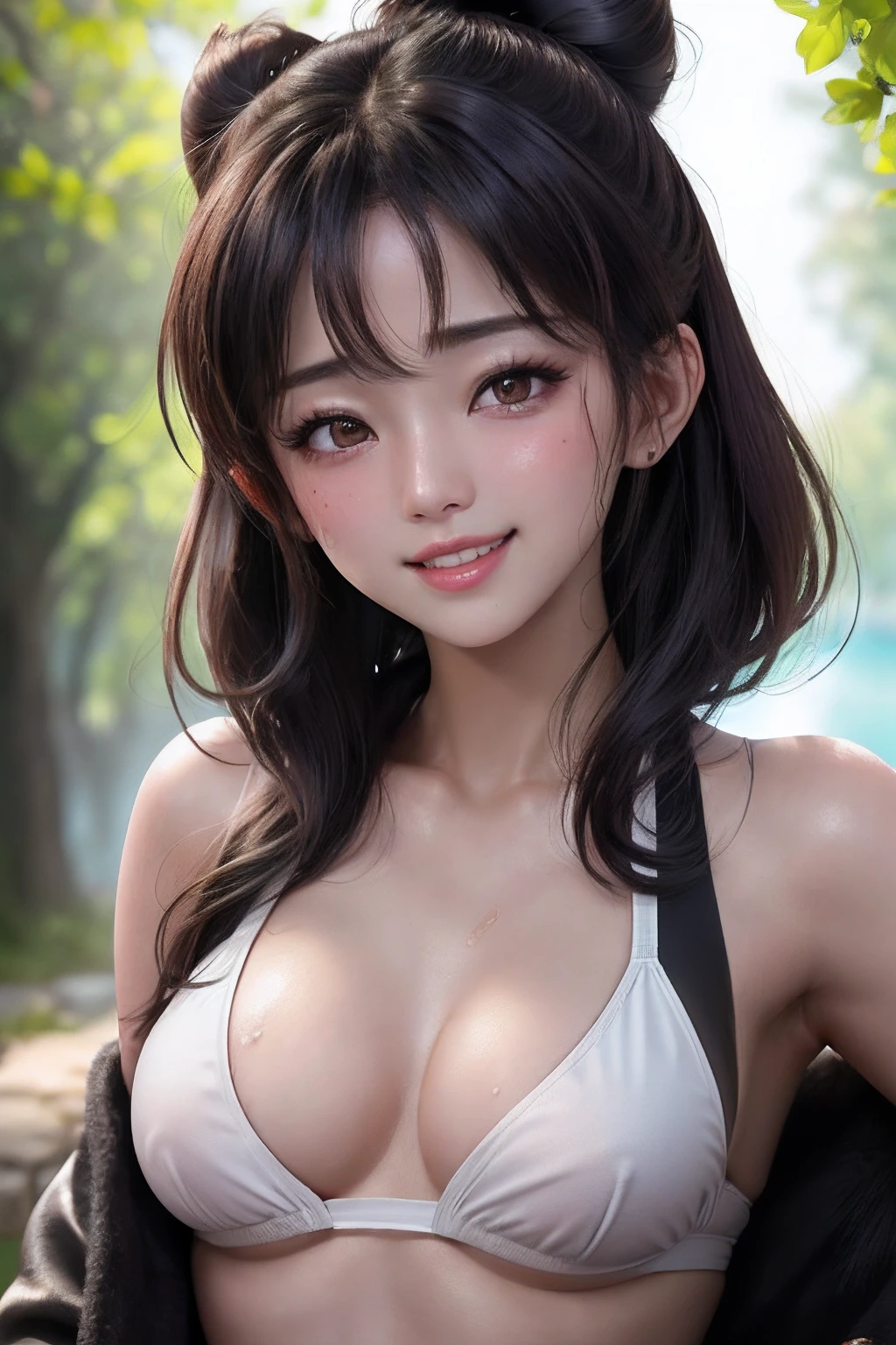 (Best Quality: 1.1), (Masterpiece: 1.2), Portrait,
1 Girl, yuzuriha_, Black hair, Brown eyes, Ninja, Open clothing, Cleavage, Small tits, Top knot, Medium hair, Detached breasts, White band, Grinning, Outdoors, (blush:1.1), Flowers,
Pure_Innocent_girl, pureerosface_v1, ((torso))), subjective, (((depth of field)))), pale and shiny skin, sweaty, wet skin