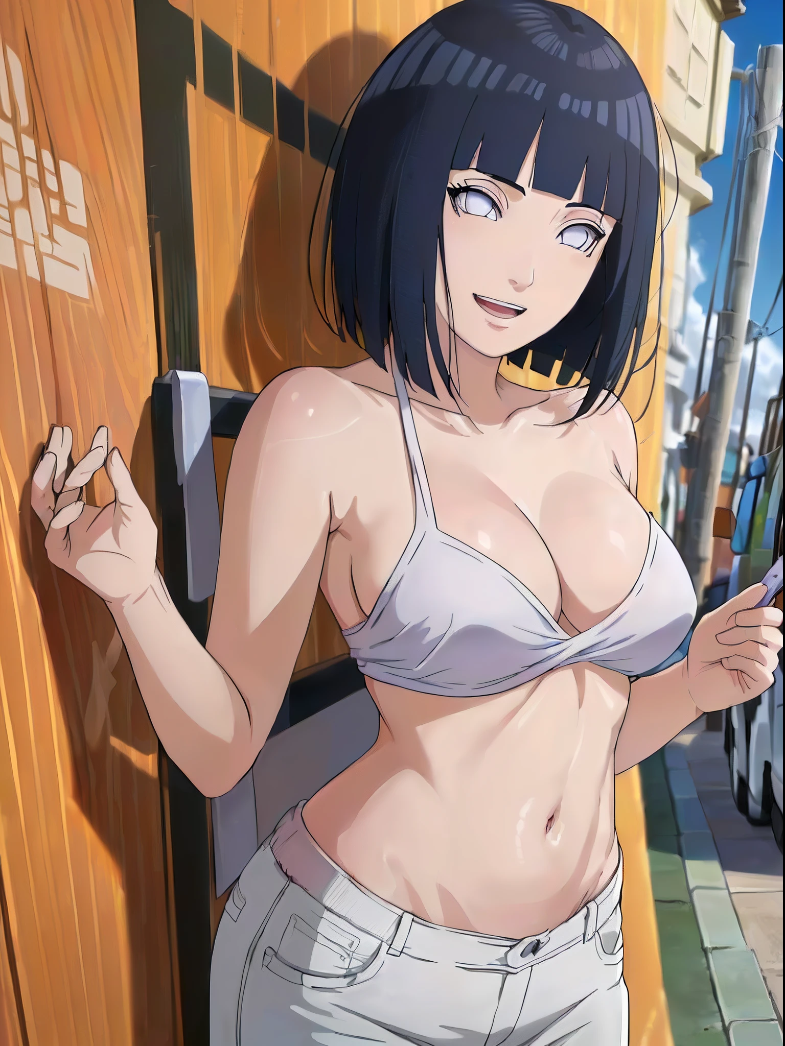 (WALLPAPER, (hinata\(boruto\), masterpiece, 4k, vector coloring, whole body shot, contrast lighting, mature female, (curvy:0.8), solo, anime style, sharp focus, professional artwork, intricate details, detailed beach background, colorful, vibrant colors, vivid colors, digital blending, ultra detailed body, ultra detail hair, ultra detail face, trending on pixiv, very hot colors, sunny day, outdoor, detailed bold arm lines, high color saturation, bold lines, bold drawing lines),
(standing, open mouth, kind smile, extremely happy, goodbye, sexy pose),
((dark blue hair color:1.1), wavy hair, ((short hair, hime cut)),
(perfect eyes, white sciera, bright eyes, white eyes, anime eyes, smoky eyeliner, eyeshadow)
(white skin, slender body, milf, navel, groin, flat belly, perfect face, perfect thighs),
(Thighs, legs, big breasts, perky boobs, off-shoulders, (groin, detailed shoulders),
(almost naked, only white clothes, bare chest, bare shoulders, bare hands, bare legs),
( topless, white pants, no top)