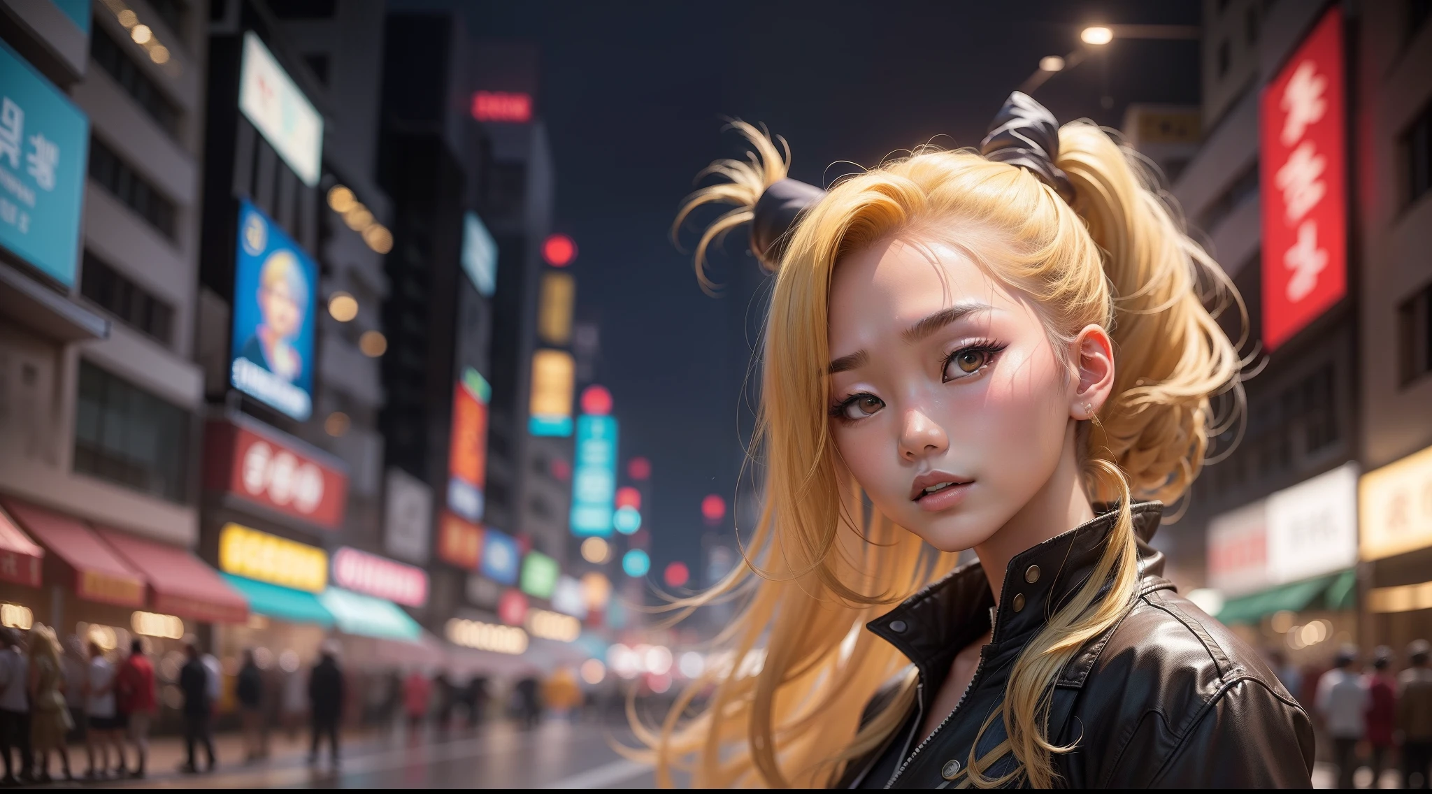 18 year old Asian girl,Yellow-haired ponytail,Tilt your head sideways,85mm portrait photo,Half-length portrait,South Korea's Jun Ji-hyun,Medium composition,Contre-Jour,Realistic photos,Cinematic quality,8K分辨率,Cinematic lighting,2.35:1. Anamorphic widescreen,Film quality,ultra fine detailed,city night scene