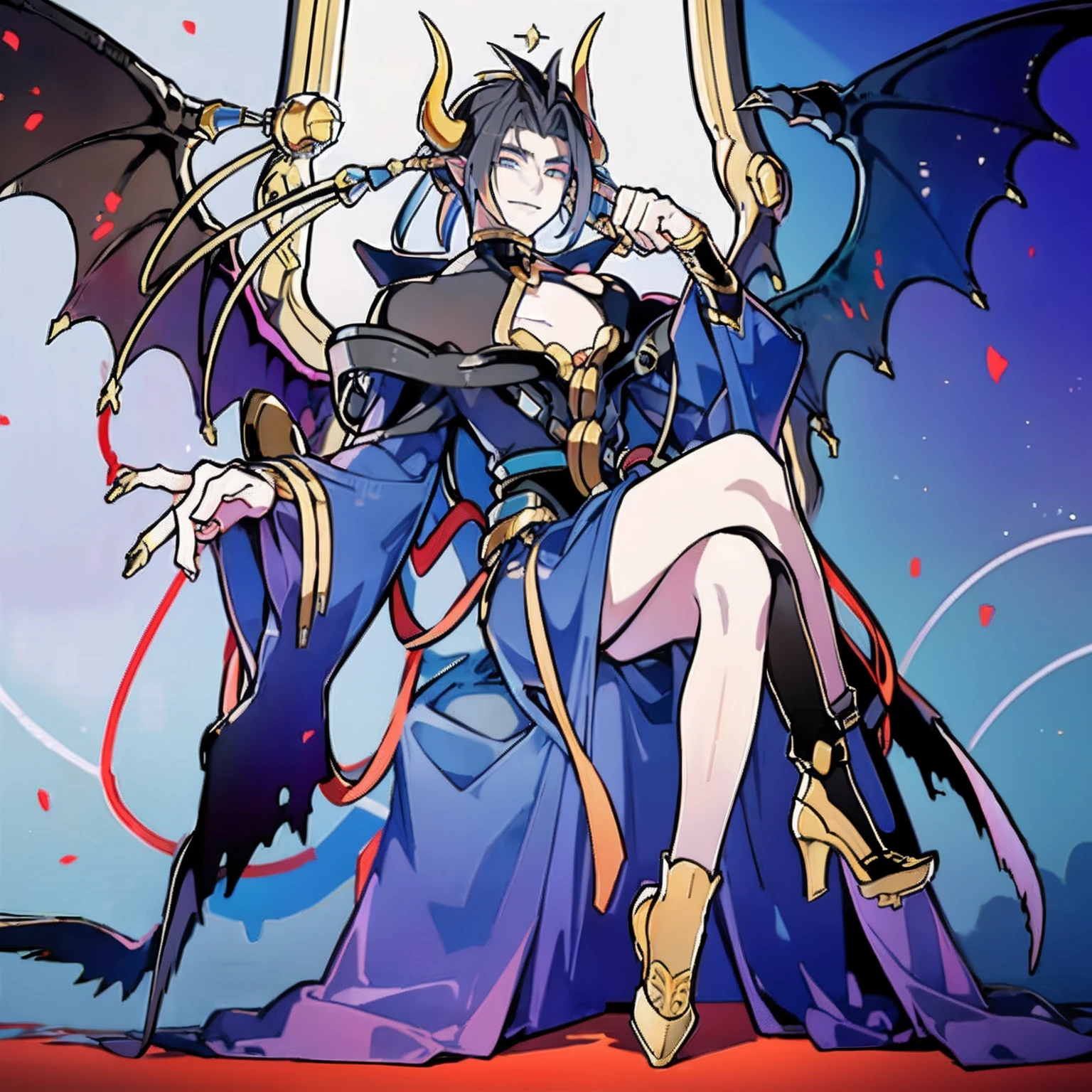 1boy , mature yet extremely beautiful male, masterpiece, High aesthetic, high quality, dominant, god ,digimon,sitting,(crossed legs:1.2),horns,wings, ((looking down at viewer, Bottom up angle)), Smirking ,crazy eyes,glowing eyes,evil smile, Long hair, stepping on Viewer .