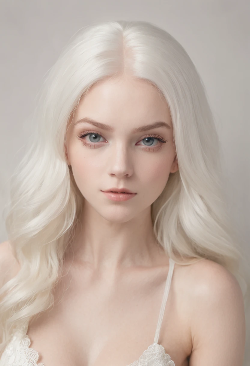 realistic, photo, albino, pale skin, white hair, skinny 18 year old girl in white bodysuit, medium breasts, tiktok, beautiful, instagram, peter lindbergh