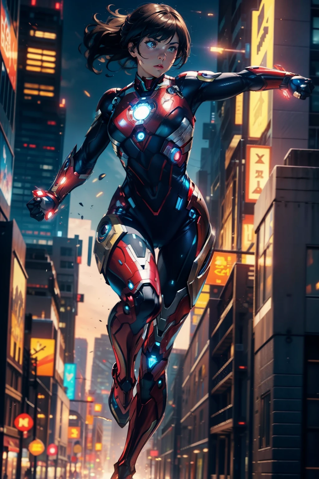 ironman as a female, superhero, full body suit, detailed face, ((running)), RTX, unreal engine, city, flight, glowing eyes, strong, muscular, ((adult)), (tight suit), (motion blur), modern technology , suit of armor, DC Comics