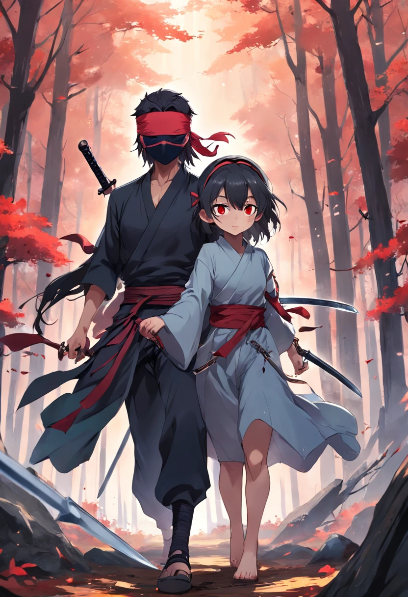 Handsome blindfolded swordsman youth (1 blindfolded man),(the dark forest),Cute little girl by his side。