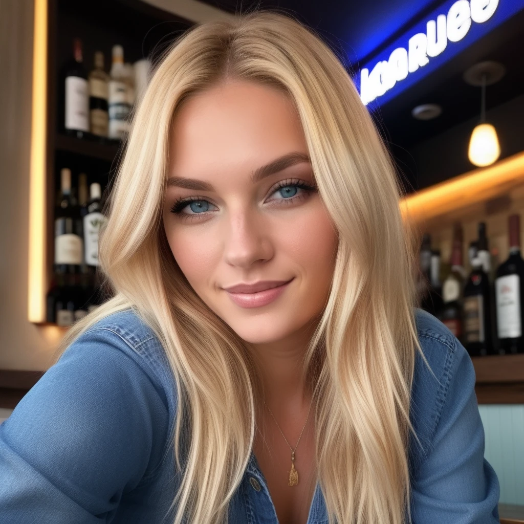 blonde woman with blue eyes, smiling, in a bar with friends, totes top, blaue jeans, Lara Stein, Alexandra Waliszewska, schulterlanges blondes Haar, Most beautiful woman in the world, beautiful look, Perfektes Detail, Victoria's Secret-Modell, blonde haare blaue augen, Complete body, blonde Haare und blaue Augen, lange blonde Haare und blaue Augen, ohne Augenbrauen