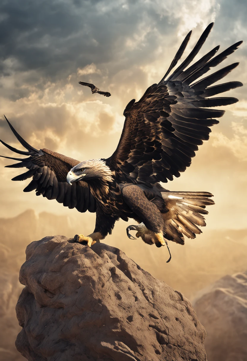 Amidst the vast expanse of sky, a scene unfolds that encapsulates nature's relentless cycle of survival. An eagle, a master of the heavens, clasps a tortoise in its powerful talons. This airborne hunter possesses a calculated intent, driven by the primal urge to sustain itself. The tortoise, encased in its protective shell, becomes both the subject of the eagle's pursuit and a test of its predatory prowess.
The eagle's wings beat rhythmically, its ascent marked by a blend of grace and determination. Its eyes, sharp and unyielding, lock onto the tortoise, a potential source of nourishment hidden within the shell. With each beat of its wings, the eagle gains altitude, aiming to achieve the necessary height for its plan to unfold.
As the eagle reaches a crucial elevation, it releases its grip on the tortoise. Gravity's pull seizes the tortoise, a helpless entity in a world governed by elemental forces. The fall is rapid, the ground rushing up to meet the tortoise with a mixture of inevitability and danger. The tortoise's limbs extend, a last-ditch attempt to control its descent.
Impact is imminent, and as the tortoise crashes into the earth, the eagle's objective comes into focus. The shell, a fortress that has safeguarded the tortoise for years, is the target of the eagle's aggression. With a swift and powerful motion, the eagle's beak strikes the shell, aiming to crack it open and access the succulent meat within.
The echo of beak against shell reverberates through the air, a symphony of nature's brutality. The eagle, driven by hunger and instinct, carries out its mission with ruthless efficiency. The shell's defense, an embodiment of the tortoise's adaptation and survival, is tested against the eagle's predatory precision.
In this collision of fates, the tortoise's shell becomes a battleground where the line between predator and prey blurs. The eagle's pursuit of sustenance is a stark reminder of nature's harsh realities, where survival is a constant struggle,