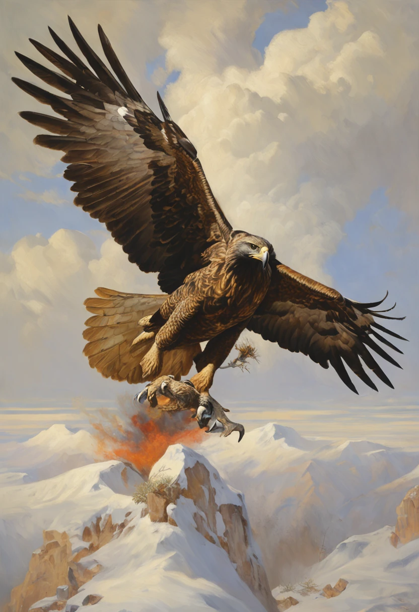 Amidst the vast expanse of sky, a scene unfolds that encapsulates nature's relentless cycle of survival. An eagle, a master of the heavens, clasps a tortoise in its powerful talons. This airborne hunter possesses a calculated intent, driven by the primal urge to sustain itself. The tortoise, encased in its protective shell, becomes both the subject of the eagle's pursuit and a test of its predatory prowess.

The eagle's wings beat rhythmically, its ascent marked by a blend of grace and determination. Its eyes, sharp and unyielding, lock onto the tortoise, a potential source of nourishment hidden within the shell. With each beat of its wings, the eagle gains altitude, aiming to achieve the necessary height for its plan to unfold.

As the eagle reaches a crucial elevation, it releases its grip on the tortoise. Gravity's pull seizes the tortoise, a helpless entity in a world governed by elemental forces. The fall is rapid, the ground rushing up to meet the tortoise with a mixture of inevitability and danger. The tortoise's limbs extend, a last-ditch attempt to control its descent.

Impact is imminent, and as the tortoise crashes into the earth, the eagle's objective comes into focus. The shell, a fortress that has safeguarded the tortoise for years, is the target of the eagle's aggression. With a swift and powerful motion, the eagle's beak strikes the shell, aiming to crack it open and access the succulent meat within.

The echo of beak against shell reverberates through the air, a symphony of nature's brutality. The eagle, driven by hunger and instinct, carries out its mission with ruthless efficiency. The shell's defense, an embodiment of the tortoise's adaptation and survival, is tested against the eagle's predatory precision.

In this collision of fates, the tortoise's shell becomes a battleground where the line between predator and prey blurs. The eagle's pursuit of sustenance is a stark reminder of nature's harsh realities, where survival is a constant struggle,