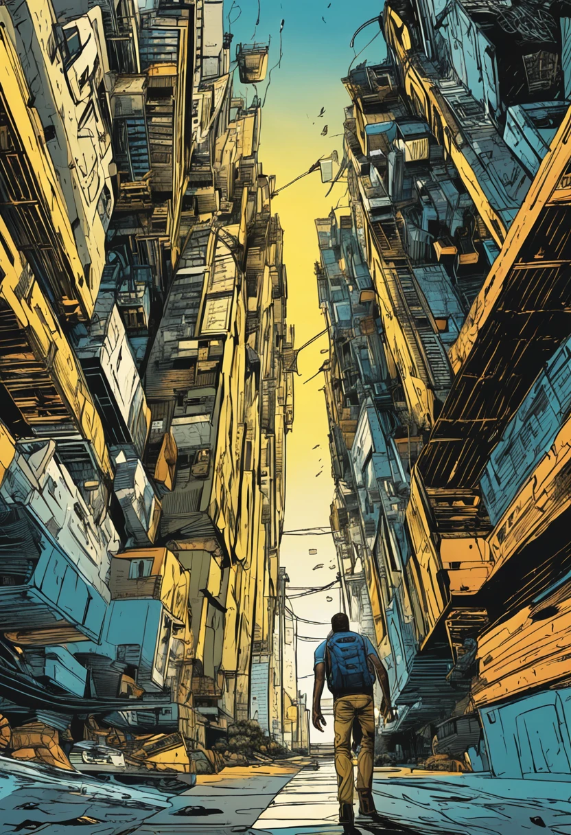 Realistic high definition image ,homem ciborgue de 1,80 tall jumping from a building , cabelos pretos cumprido , strong cybernetic arms and a gleaming yellow bionic eye, jeans and blue shirt