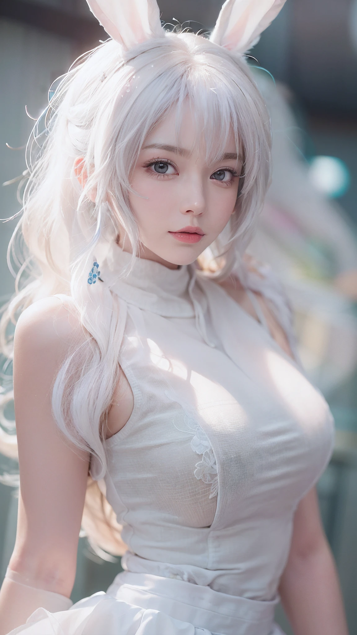 Close-up of a woman in a white vest and skirt, pale milky white porcelain skin, Smooth translucent white skin, seductive anime girls, beautiful and seductive anime woman, ultrarealistic sweet bunny girl, pale porcelain white skin, Smooth and realistic perfect body, Anime girl cosplay, realistic shadow perfect body, guweiz masterpiece