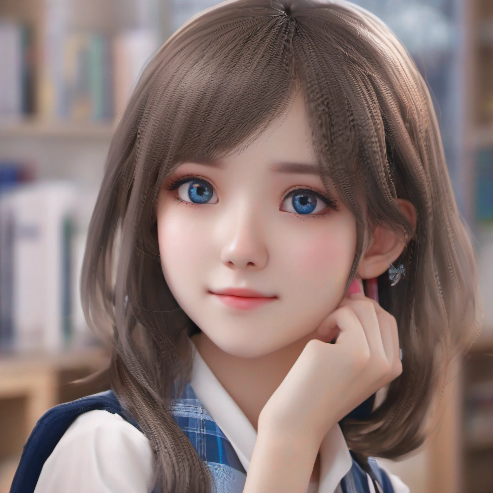 (((medium hair))), best quality, 8K, HDR, highres, absurdres:1.2, blurry background, bokeh:1.2, Photography, (RAW photo:1.2), (photorealistic:1.4), (masterpiece:1.3), (intricate details:1.2), 1girl, solo, japanese girl, delicate, beautiful detailed, (detailed eyes), (detailed facial features), petite, (((small breasts))), skin tight, (looking_at_viewer), from_front, (skinny), (best quality:1.4), (ultra highres:1.2), cinema light, (extreme detailed illustration), (lipgloss, best quality, ultra highres, depth of field, caustics, Broad lighting, natural shading, 85mm, f/1.4, ISO 200, 1/160s:0.75),1girl, solo, (((blue vest))) smile, ((school uniform, pleated  skirt with checker pattern, classroom))