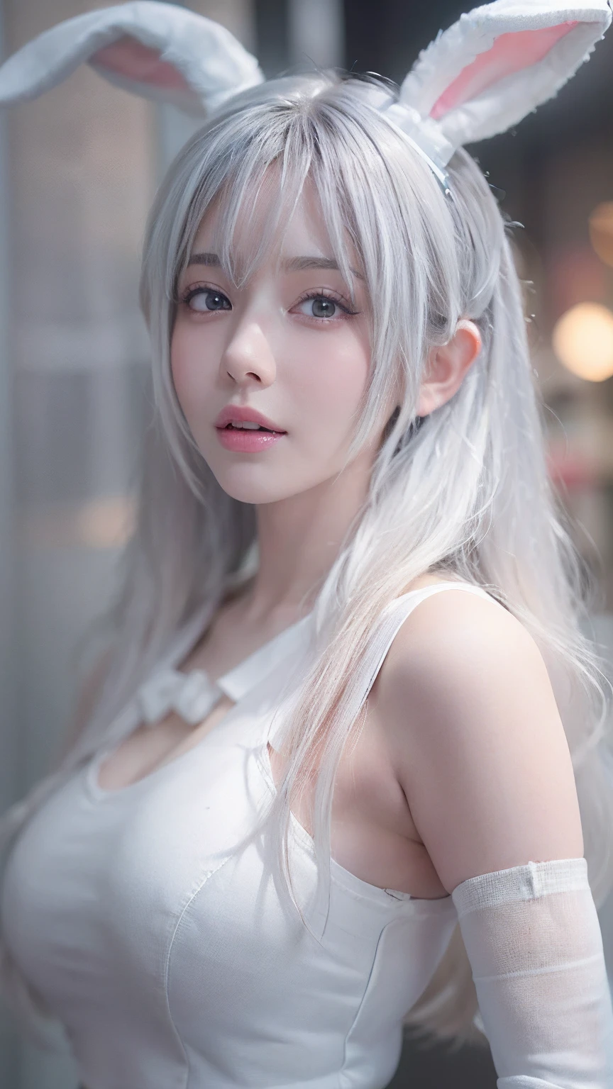 portlate、((Silk Material:1.3))、bright expression、poneyTail、Young shiny shiny white shiny skin、Best Looks、Blonde reflected light、Platinum blonde hair with dazzling highlights、shiny light hair,、Super long silky straight hair、Beautiful bangs that shine、Glowing crystal clear attractive big blue eyes、Very beautiful nice cute 16 year old girl、Lush bust、Seduce with the eyes of the camera、Show thighs、((White chemise:1.5))、smil、adult appeal、