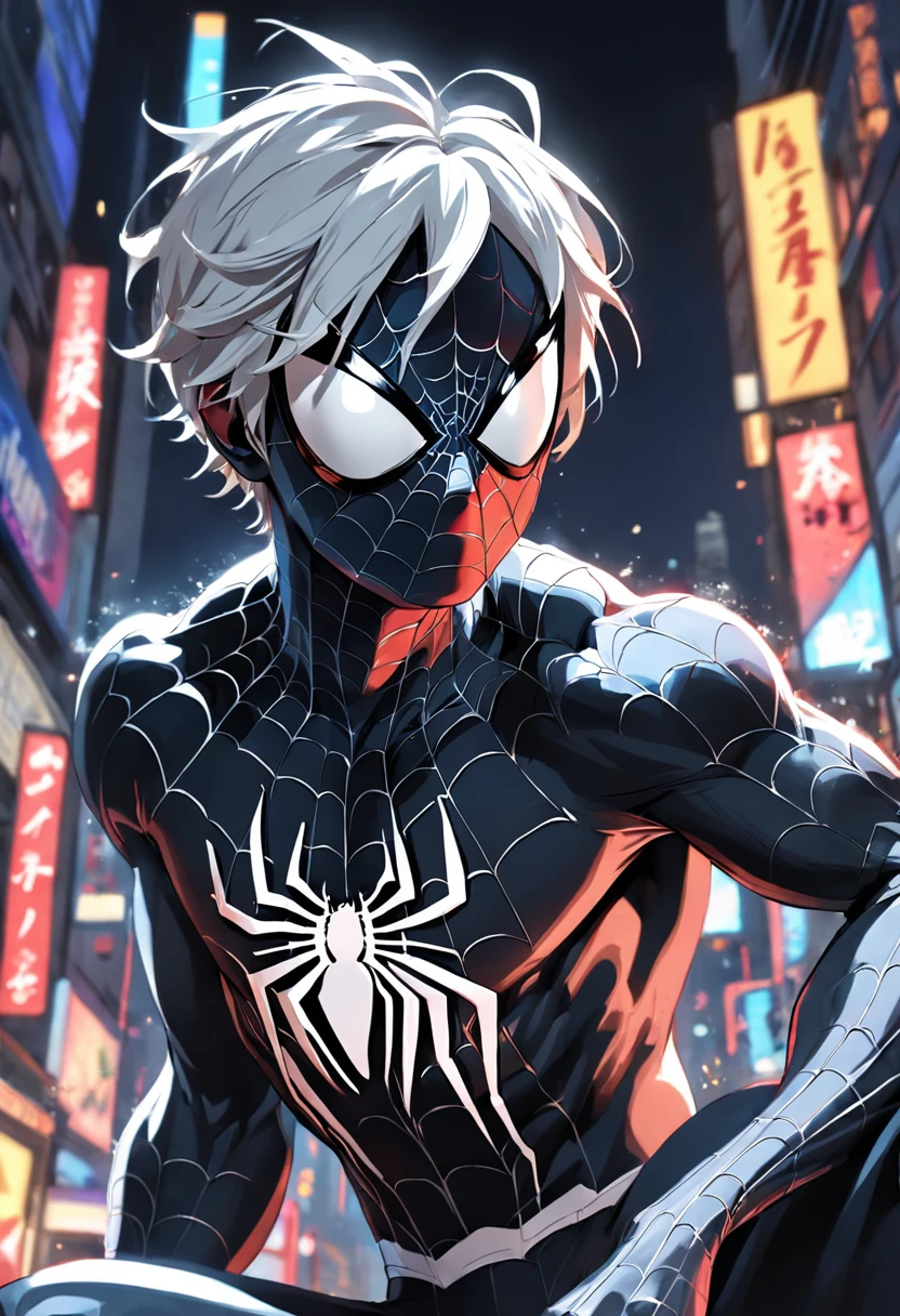 (masterpiece, best quality), intricate details, 8k, artstation, wallpaper, official art, splash art, sharp focus,
1boy, red eyes, white hair, 
 spider suit, spider web printing, spider web,  
skyscrapers, city, buildings, cars, street,