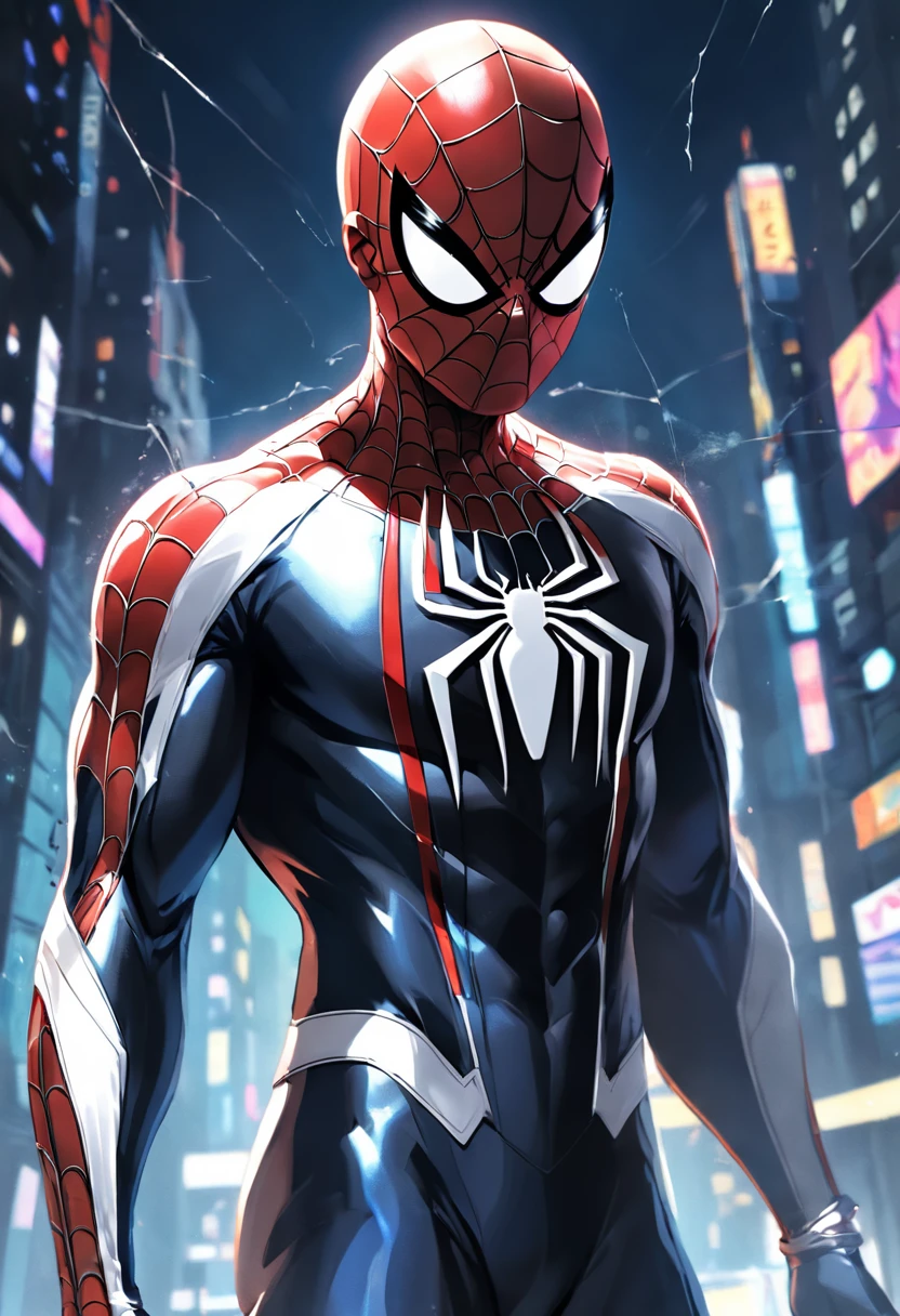 A Spider-Man in a white/black suit, details on black clothing, HDR, UHD, 64K, highly detailed, professional photography by Sergio Nogueira, sketch style, ink scratches, sharp lines, trending on artstation, unrealistic engine, vivid colors , high resolution scanning