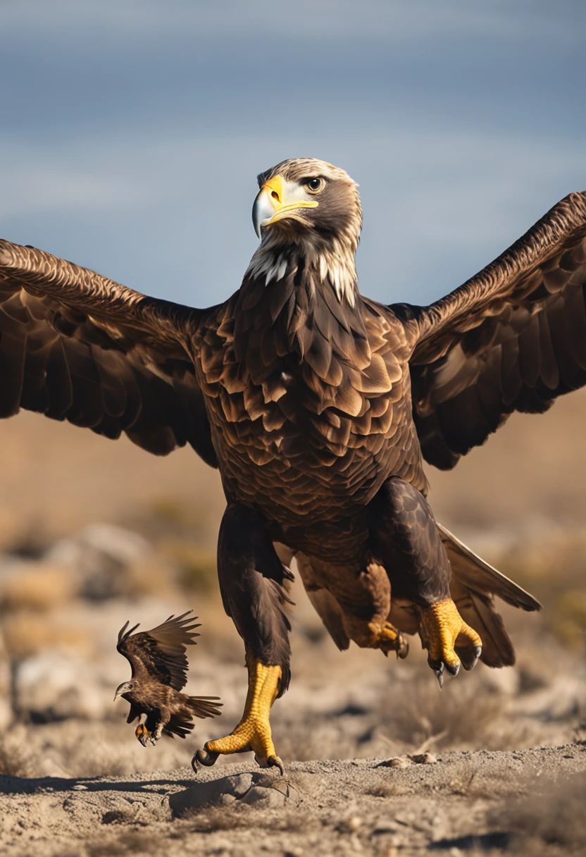 /imagine prompt: An intriguing and scientifically captivating moment captured with precision: an eagle in flight, carrying a tortoise with the intention to study its behavior of cracking open the shell to access its meat. This unique image, photographed using an analogue Nikon Z 14mm ultra-wide angle lens in RAW format, offers a glimpse into the intricate interactions of the natural world.

The eagle's focused demeanor is evident as it holds the tortoise, and the scientific purpose behind its action adds depth to the scene. The lighting is set to emphasize the scientific exploration, casting clear shadows that highlight the details of the eagle's anatomy and the tortoise's shell.

The color palette leans towards a natural, earthy spectrum, highlighting the textures of the eagle's feathers and the tortoise's shell. The background could feature a hint of a research environment, with hints of laboratory equipment or a research station in the distance.

This image encapsulates the curiosity of scientific inquiry and the complexities of predator-prey relationships in the animal kingdom. It offers a window into the natural world's fascinating behaviors and interactions, reminding us of the wonder and intricacies that research unveils.