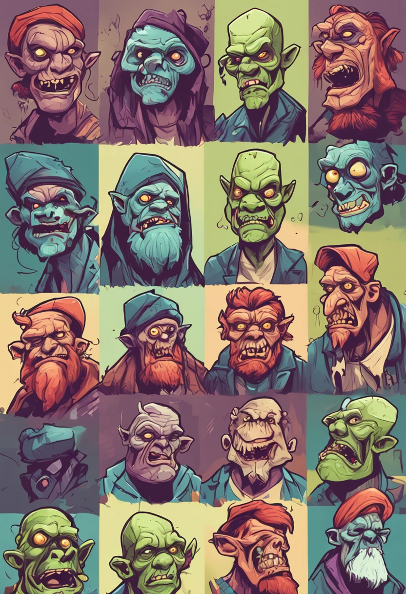 Four different cartoon zombie heads with different expressions, 2 d low polygon art, design de personagem monstro, concept art design illustration, 2d illustration, 2d illustration, character illustrations, estilo de arte sinistro e sombrio, 2d digital illustration, arte goblin, fantasia estilo de arte hearthstone, 2d matte illustration, Retrato de um esqueleto hipster, estilo de arte de jogo de fantasia