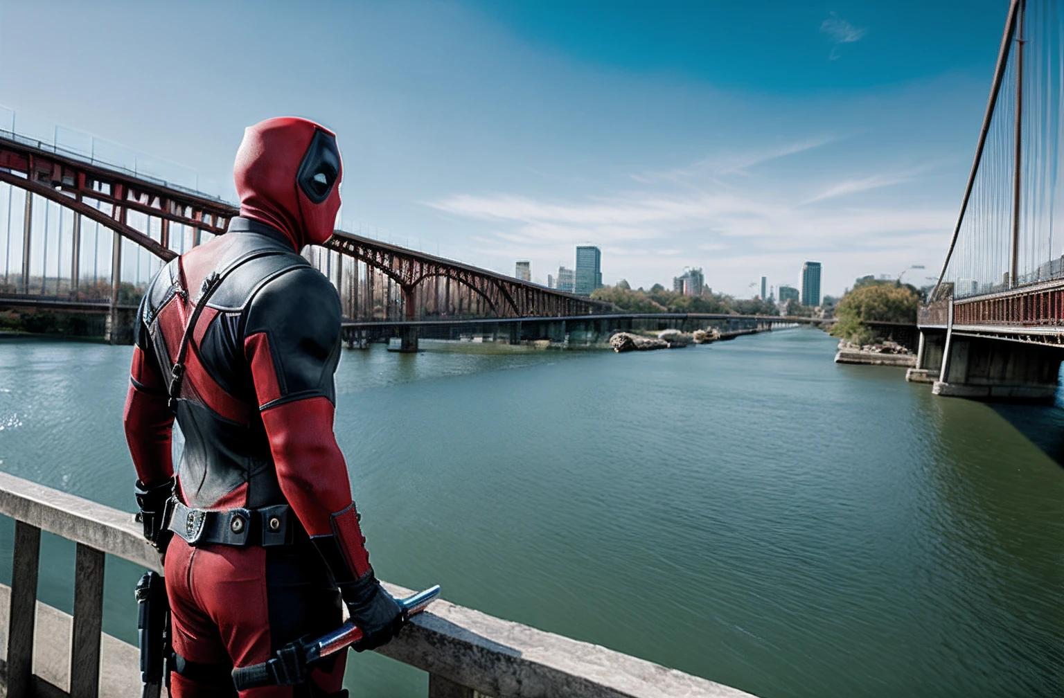 Dead pool, on a bridge, realistic, concept art, 4k