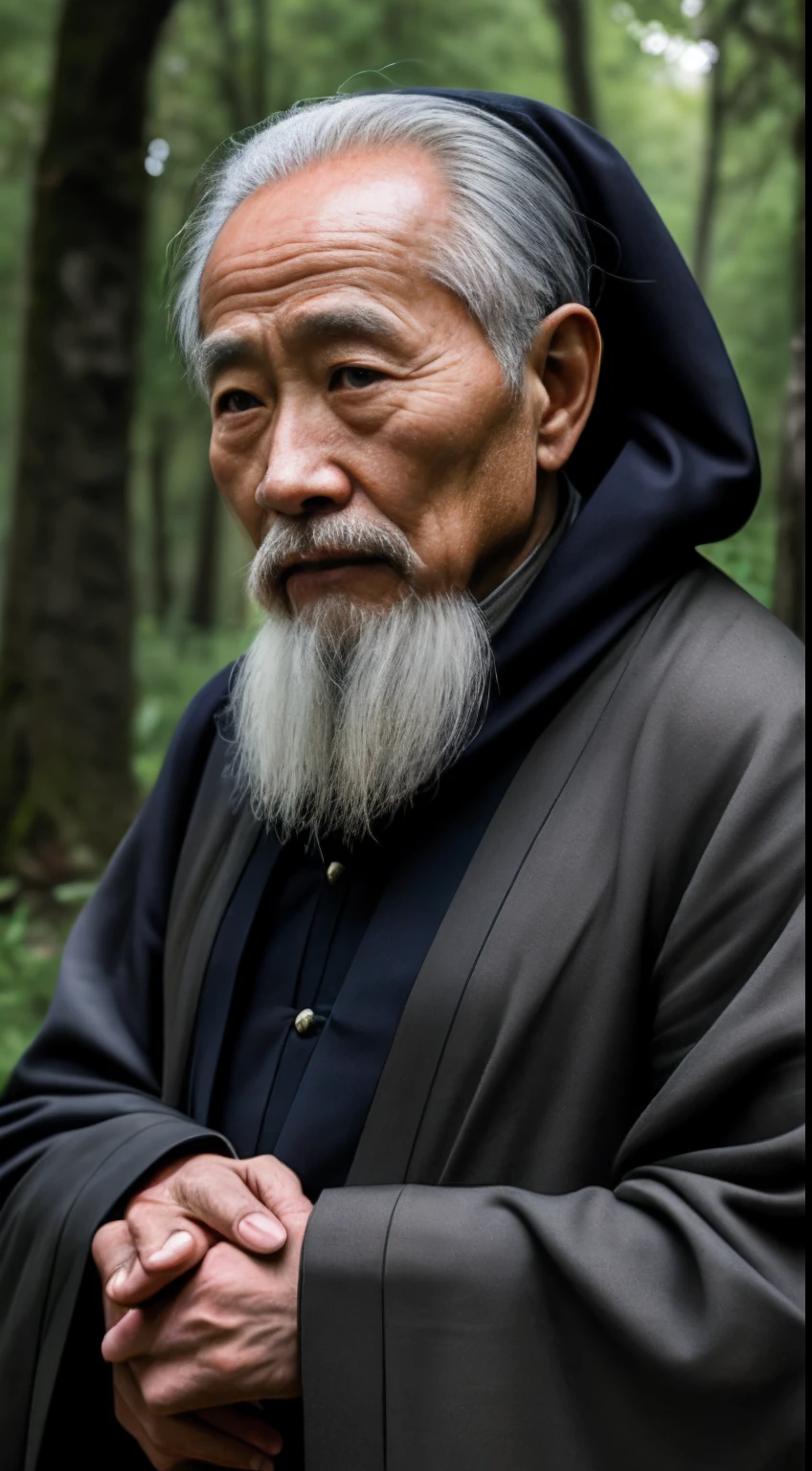 Portrait photography style, world masterpiece, super unique high professional digital art, film format, hyper-realism, color cinematography with ultra-fine details and quality, background is deep in the forest, an old man in rural China, an old man with wisdom. He wears an old cloak and his eyes are kind and shrewd. His skin has been blackened and powerful by the sun and rain, and the wrinkles are fixed on the corners of his mouth and forehead, making it seem that his years have precipitated. Although wearing a dark gown, although simple in appearance, it exudes sublime wisdom and a sense of tenacity of strength.