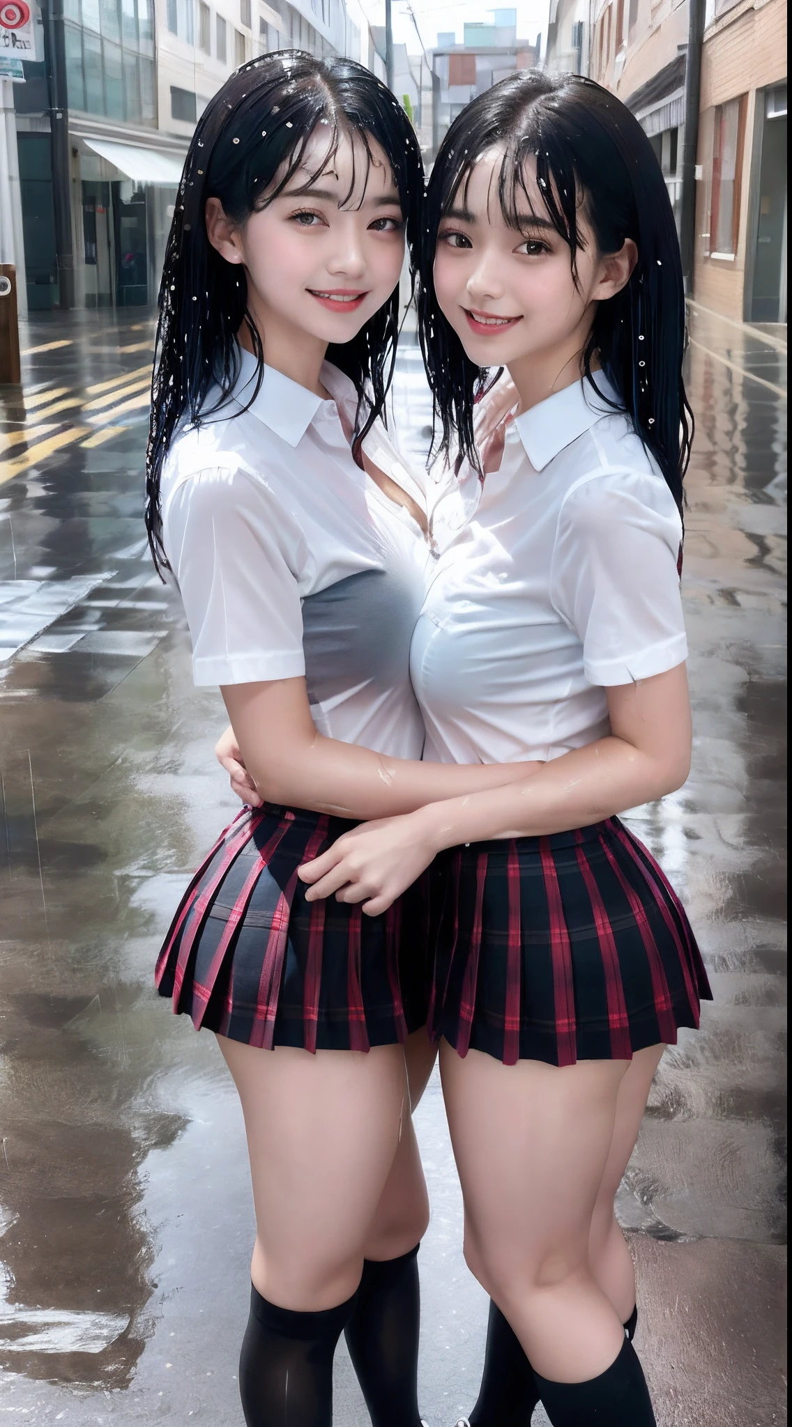 (8K, 超A high resolution, Best Quality, masutepiece:1.2),(18year old:1.2)、(Look away)、8K、RAW portrait of japanese girl、Photorealsitic、超A high resolution、top-quality、 (huge-breasted、Close all buttons on the shirt:1.4)(student clothes、Pure White Cutter Shirt、Check Pleated Mini Skirt:1.35)、(in a street:1.2) BREAK (Natural Skin Texture、Detailed skin、Hyper-Realism、ultra sharpness)、intricate detailes、depth of fields(Put a white shirt inside the skirt:1.3)、Show the armpits、Red Plaid Pleated Micro Mini Skirt(Black hair long straight、Shiny legs、Black loafers、Black stockings:1.3)(Female duo、Two women hugging each other、Two women touching each other's buttocks:1.4)(rainy day、rain is falling、Rain-drenched body:1.4)