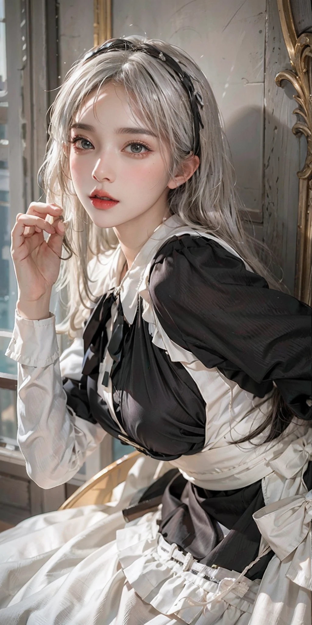 photorealistic, high resolution, soft light,1women, solo, hips up, shinning skin, (detailed face), jewelry, maid costume, white hair