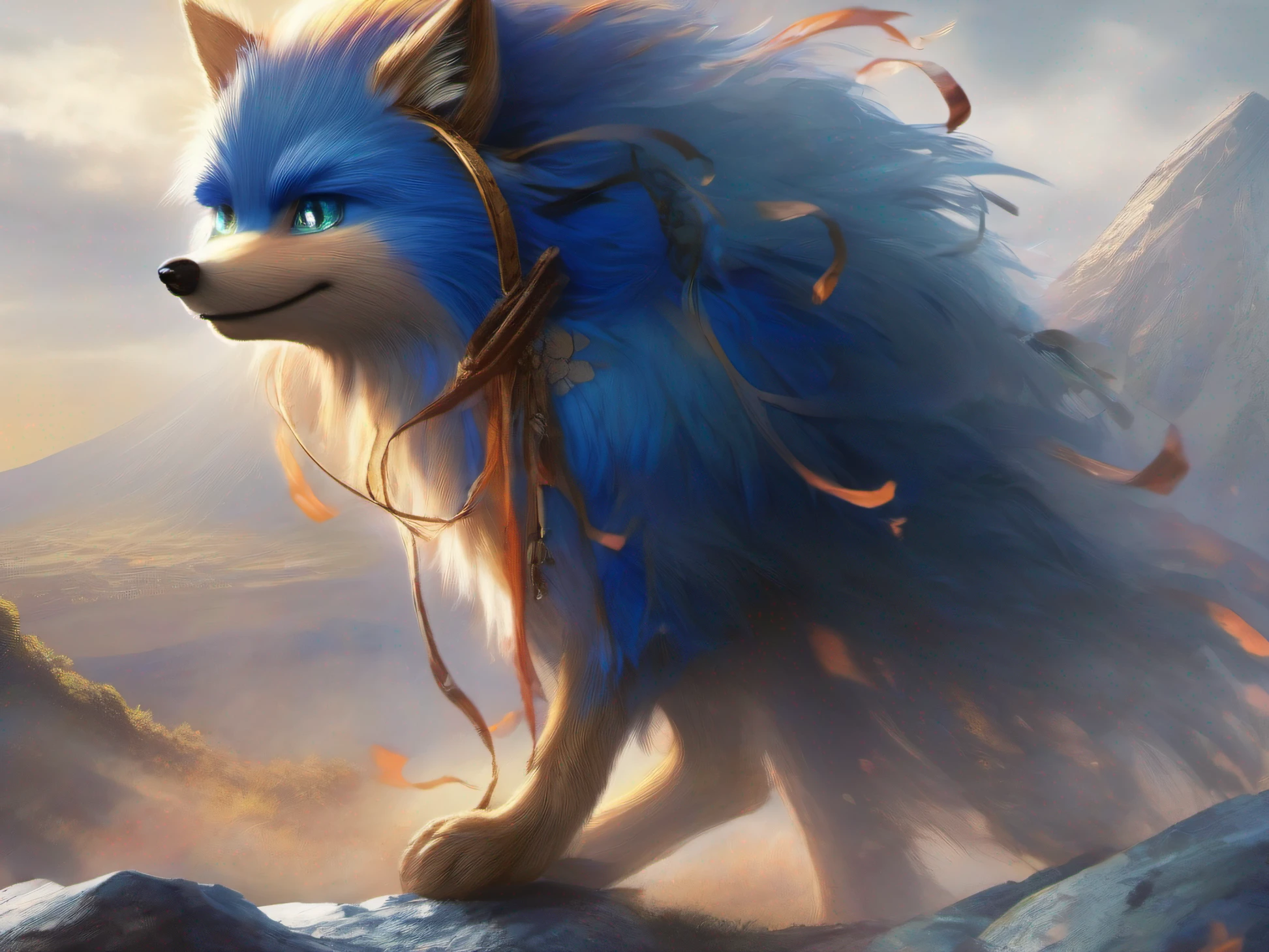 Sonic the hedgehog with his bright blue fur the ring of the lord of the rings on his wrist, walk to the erupting volcano of Middle-earth, The Lord of the Rings, A ring for all ruled and in the dark bind them together, The Lord of the Rings, LOTR, lush vegetation and an ethereal mist at the foot of the volcano. Capture in the style of Michael Schulte, with chaotic colors, Details and a dark atmosphere. anime, panorama, 8k