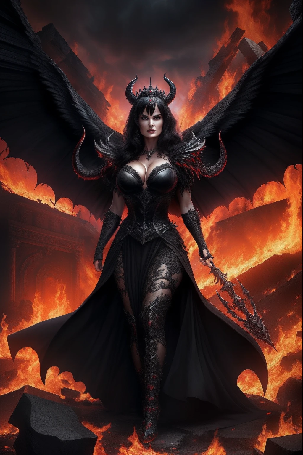 Ultra-detailed Lisa Ann stands atop a pile of burning ruins, Her diabolical and insidious presence radiating from her dark crown and black and red evil queen dress..................... Her demon wings on her back and demon horn give her an invincible aura as she unleashes a powerful wave of destruction with a single gesture........................................