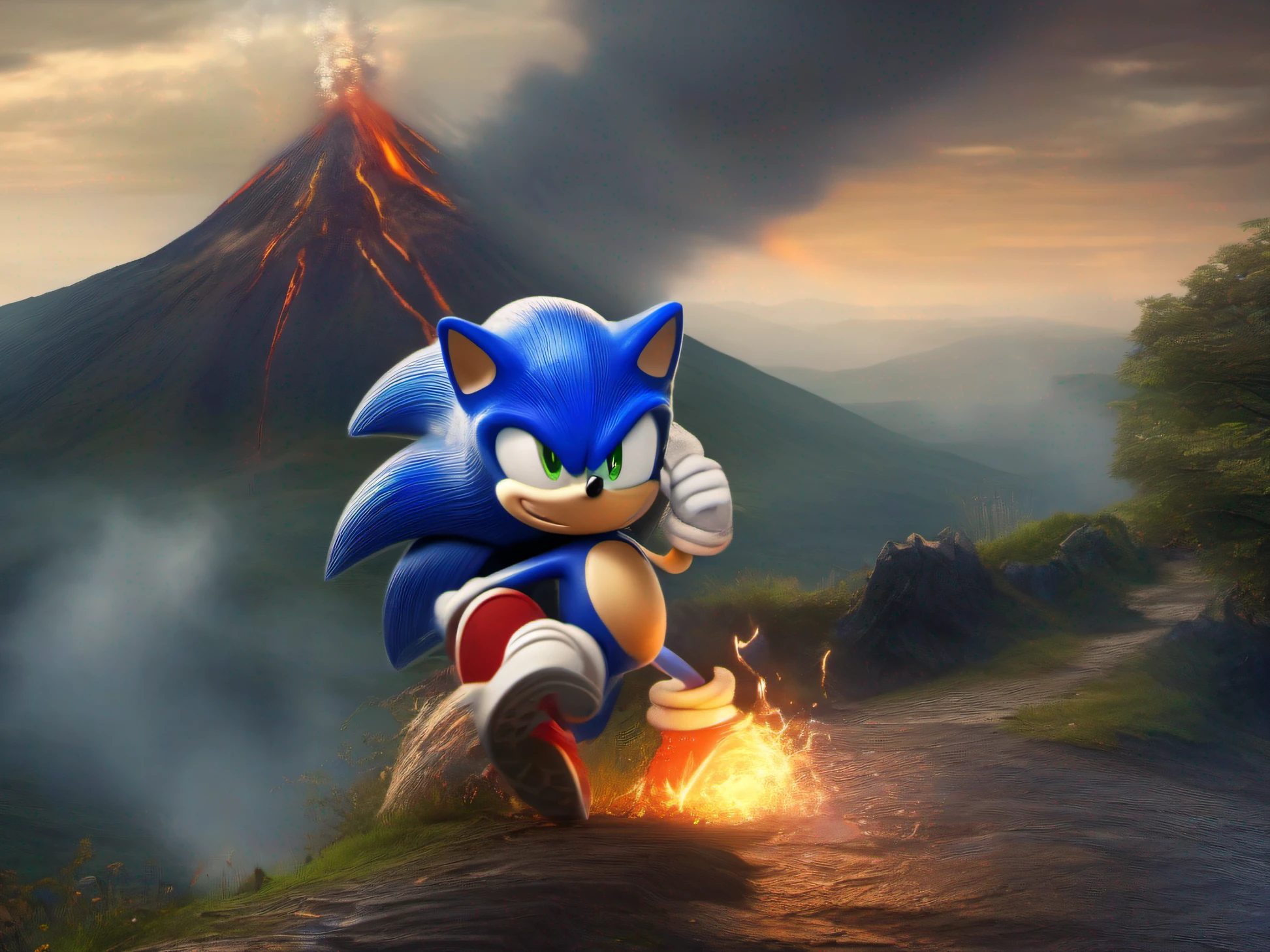 Sonic the hedgehog with his vivid blue fur of the Lord of the Rings on his wrist, walk to the erupting volcano of Middle-earth, The Lord of the Rings, A ring for all ruled and in the dark bind them together, The Lord of the Rings, LOTR, lush vegetation and an ethereal mist at the foot of the volcano. Capture in the style of Michael Schulte, with chaotic colors, Details and a dark atmosphere. anime, panorama, 8k