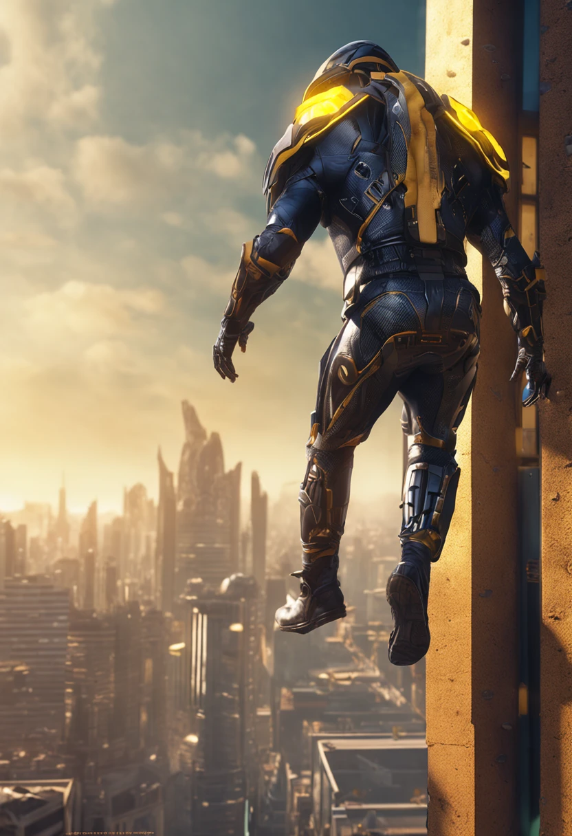 Realistic high definition mage ,homem ciborgue de 1,80 tall jumping from a building , cabelos pretos cumprido , strong cybernetic arms and a gleaming yellow bionic eye, jeans and white shirt