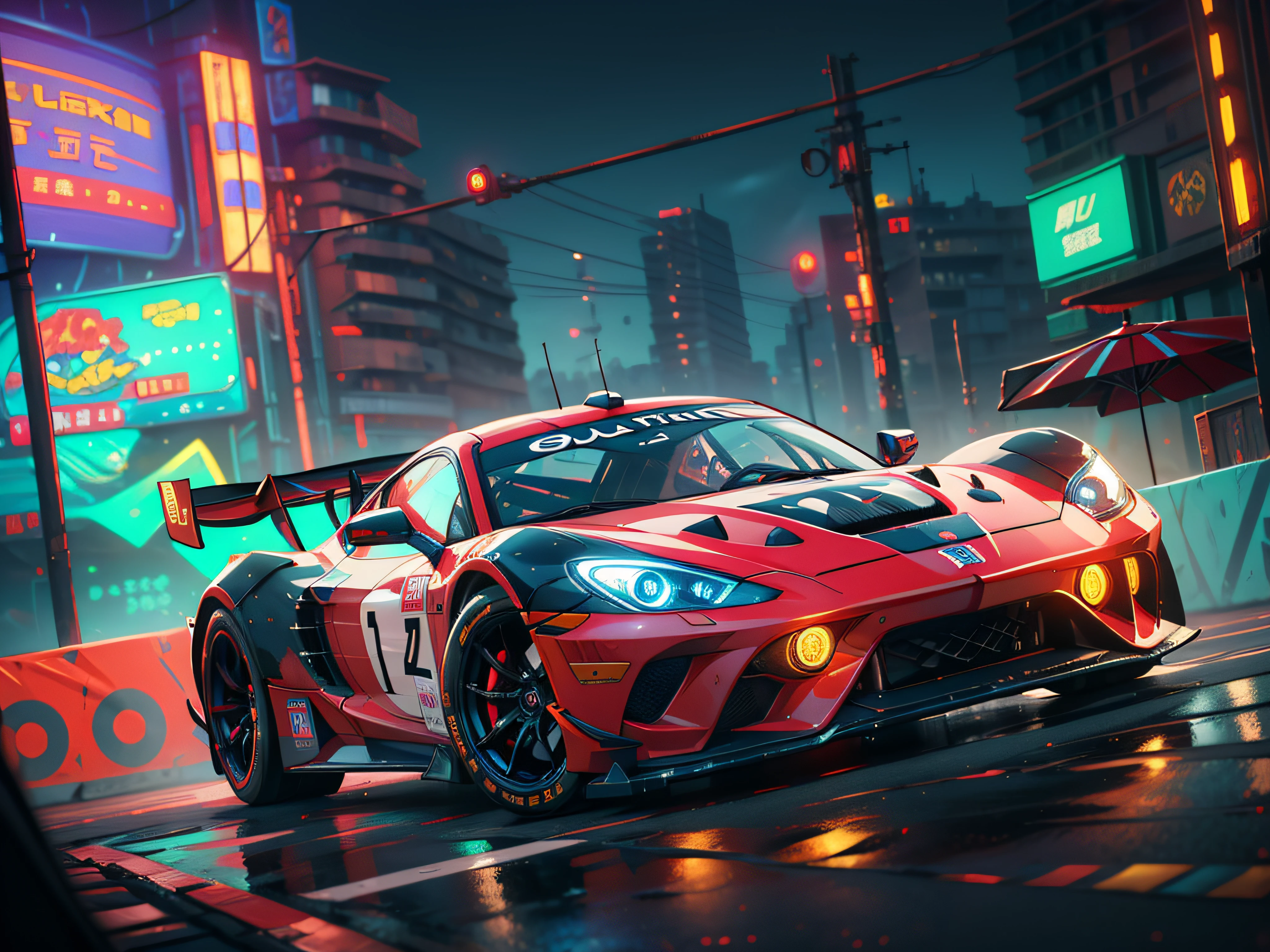 Best quality, masterpiece, ultra high res, Capture the adrenaline-fueled excitement of a sleek, high-performance racing car dripping, red, blue, fires, neon light, dust, full car show, from side, cyberpunk racing car, tokyo cyberpunk night,Detailed,Realistic,4k highly detailed digital art,octane render, bioluminescent, BREAK 8K resolution concept art, realism,by Mappa studios,masterpiece,best quality,official art,illustration,ligne claire,(cool_color),perfect composition,absurdres, fantasy,focused,rule of thirds,