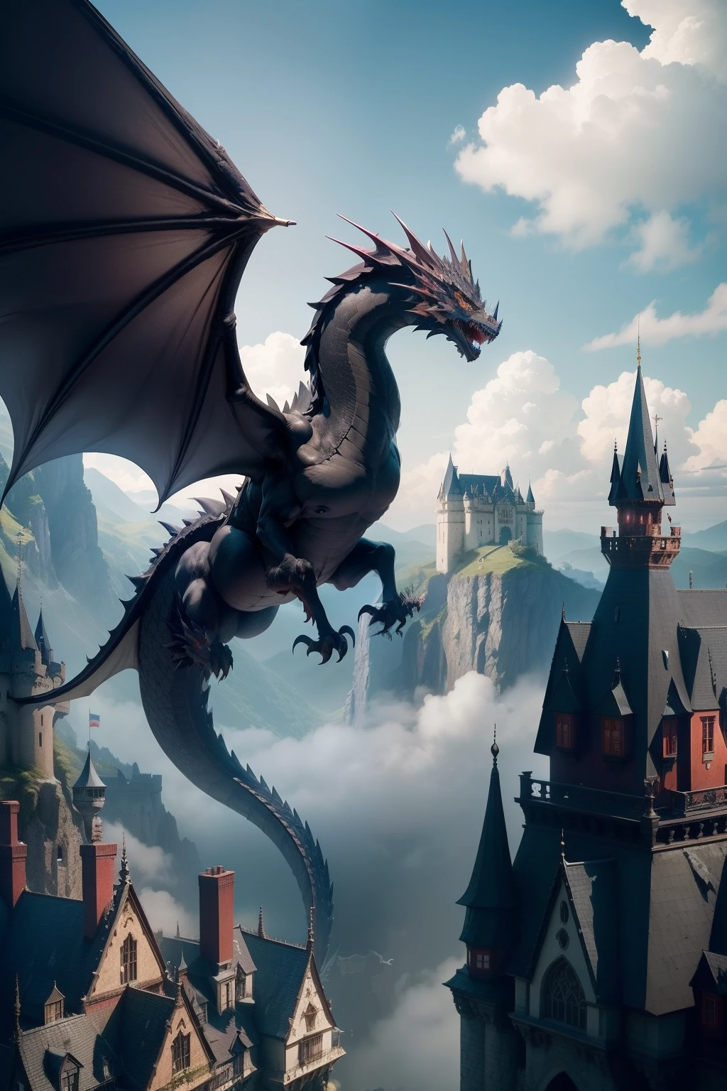 I want a black dragon flying over a castle