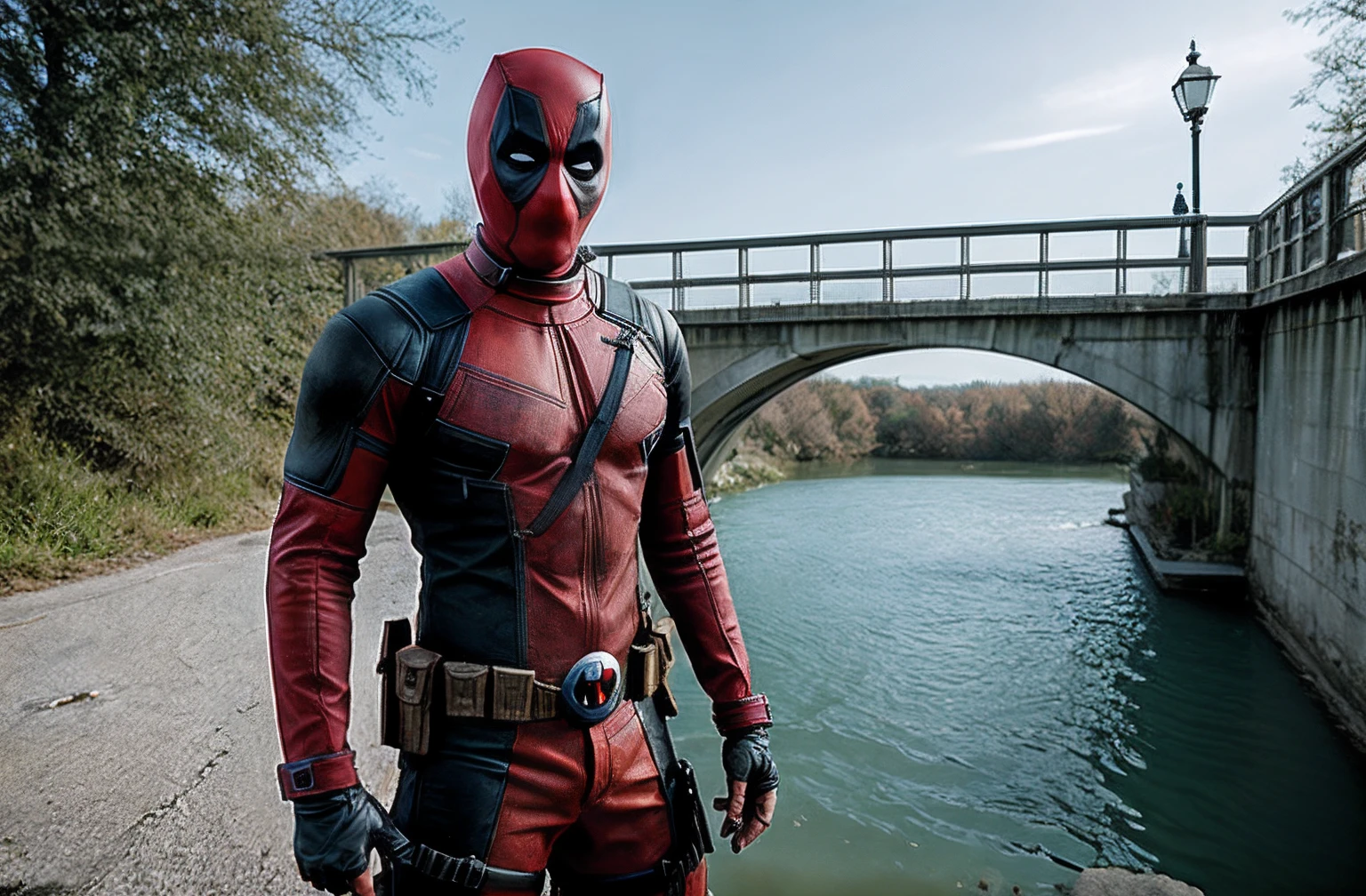 Dead pool, on a bridge, realistic, concept art, 4k