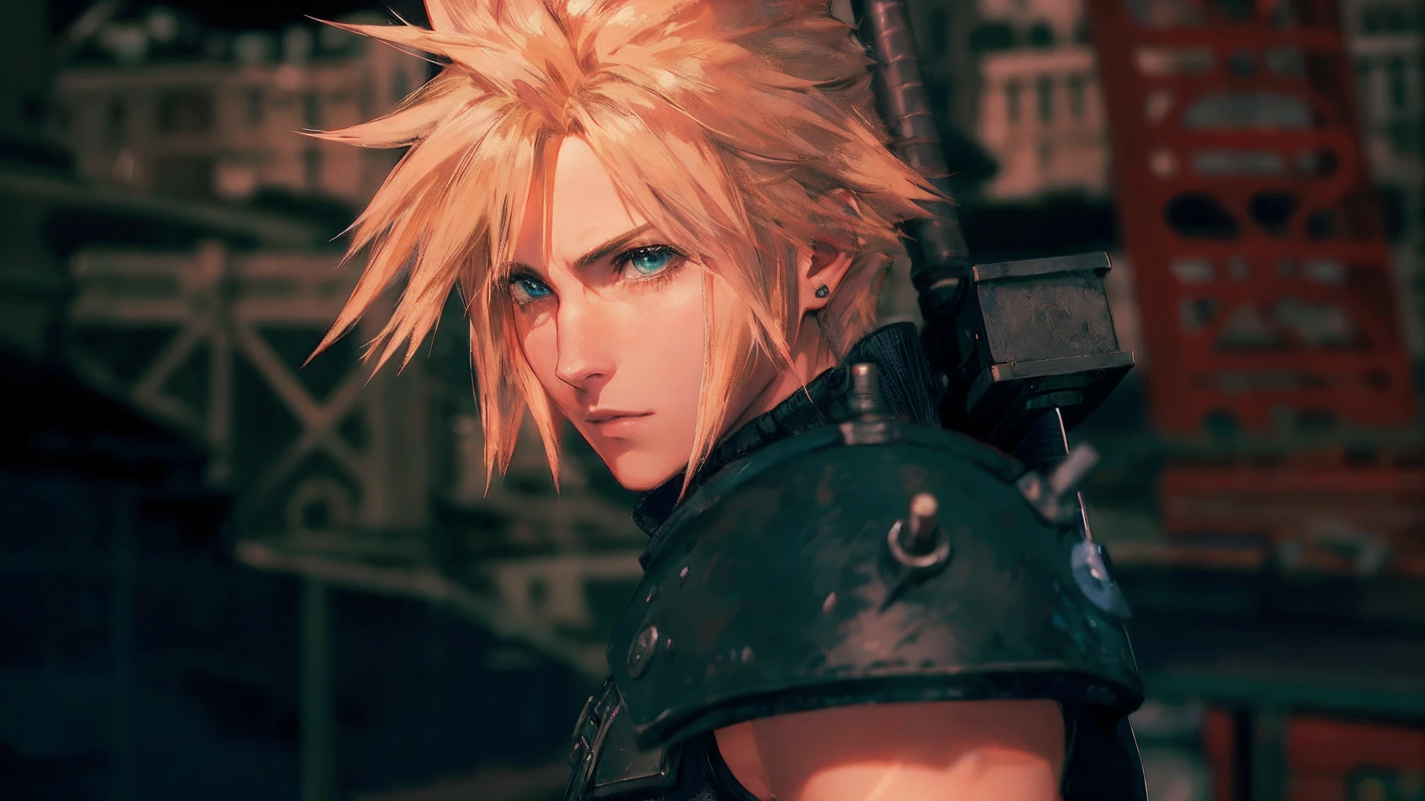 a close up of a person with a sword in a city, cloud strife, portrait of cloud strife, from final fantasy vii, final fantasy 7, from ff7, ff 7, cloud, from final fantasy, final fantasy face, final fantasy character, final fantasy, final - fantasy, final-fantasy, square enix, final fantsy, closeup portrait shot
